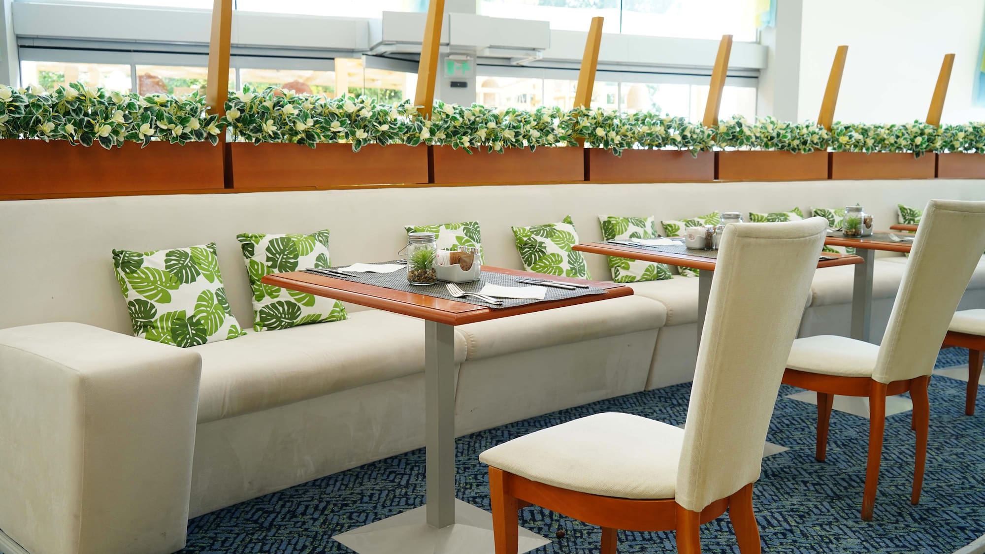 a table and chairs in a restaurant