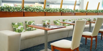 a table and chairs in a restaurant