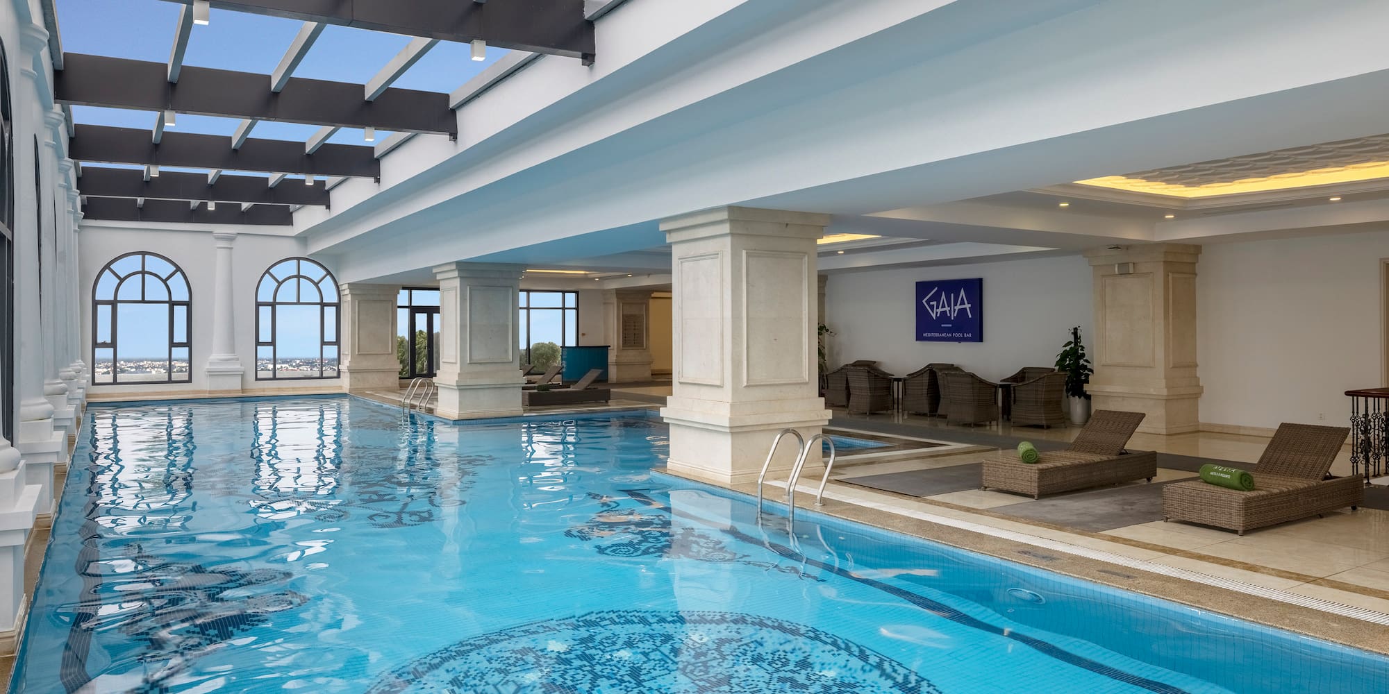 a swimming pool inside a building