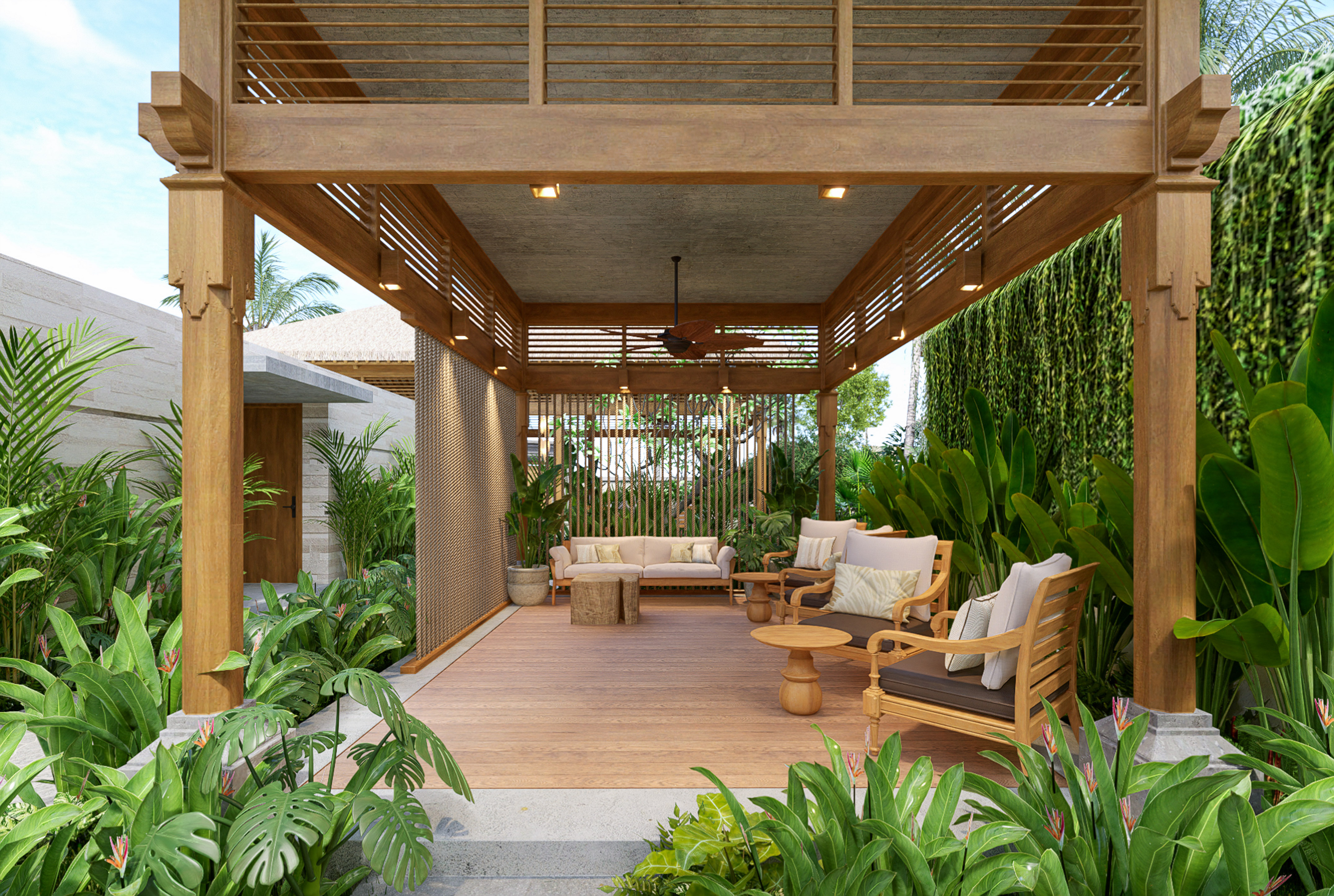 a patio with a wood deck and a wood table and chairs
