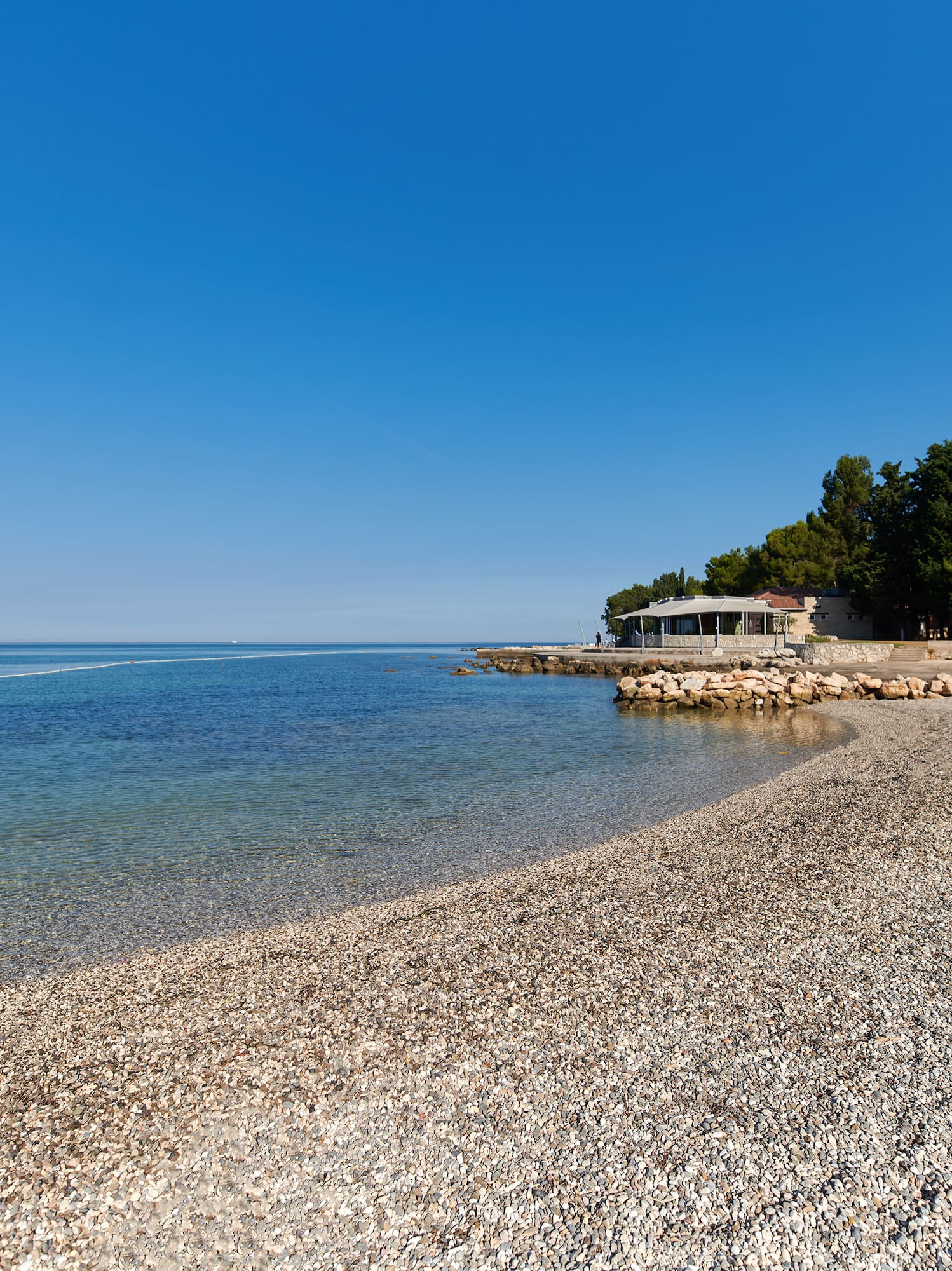 a beach with trees and a building