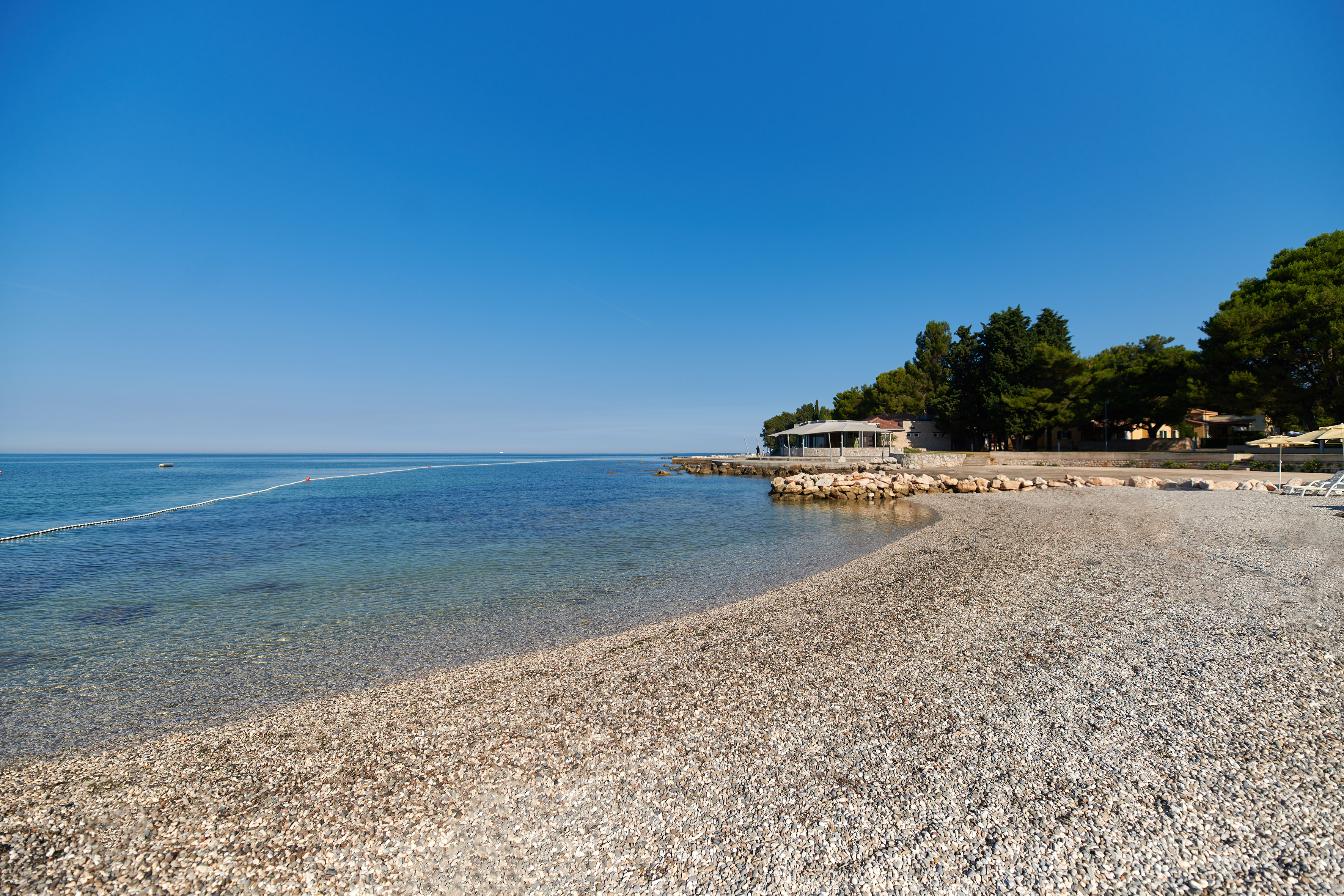 a beach with trees and a building