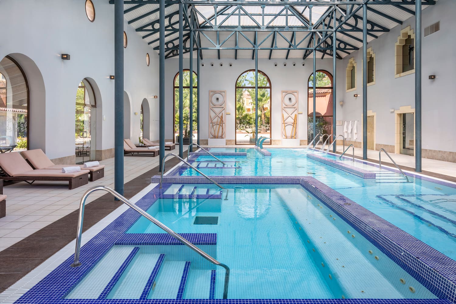 a swimming pool inside a building