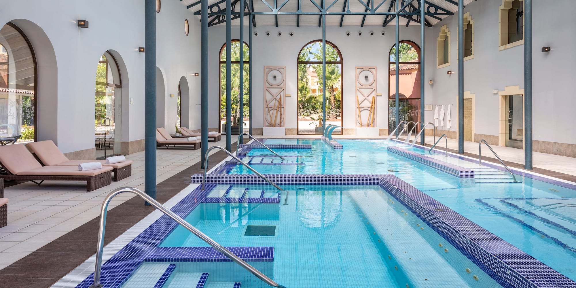 a swimming pool inside a building