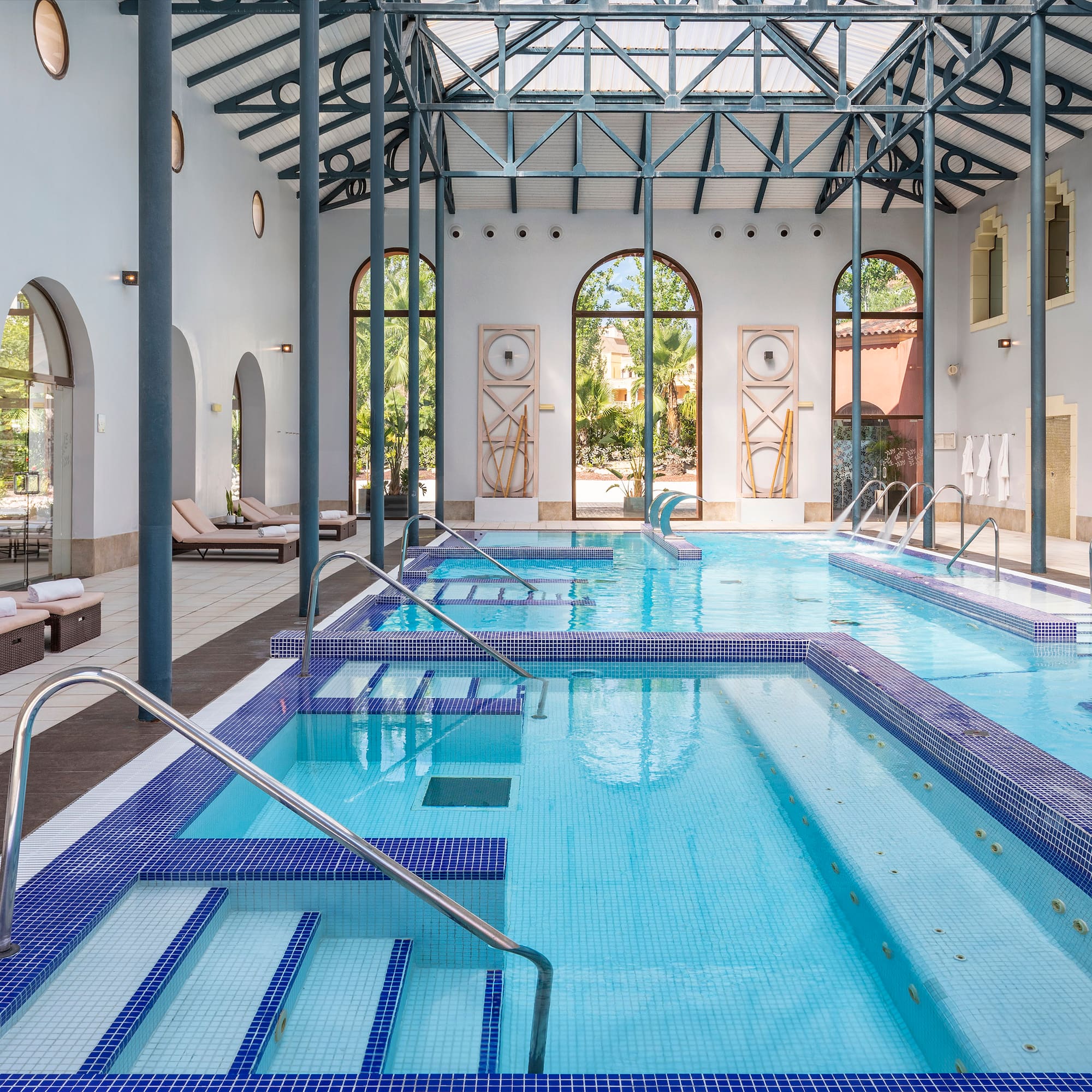 a swimming pool inside a building