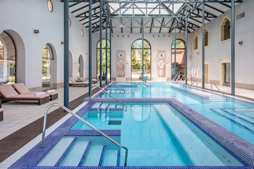 a swimming pool inside a building
