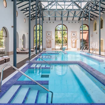 a swimming pool inside a building