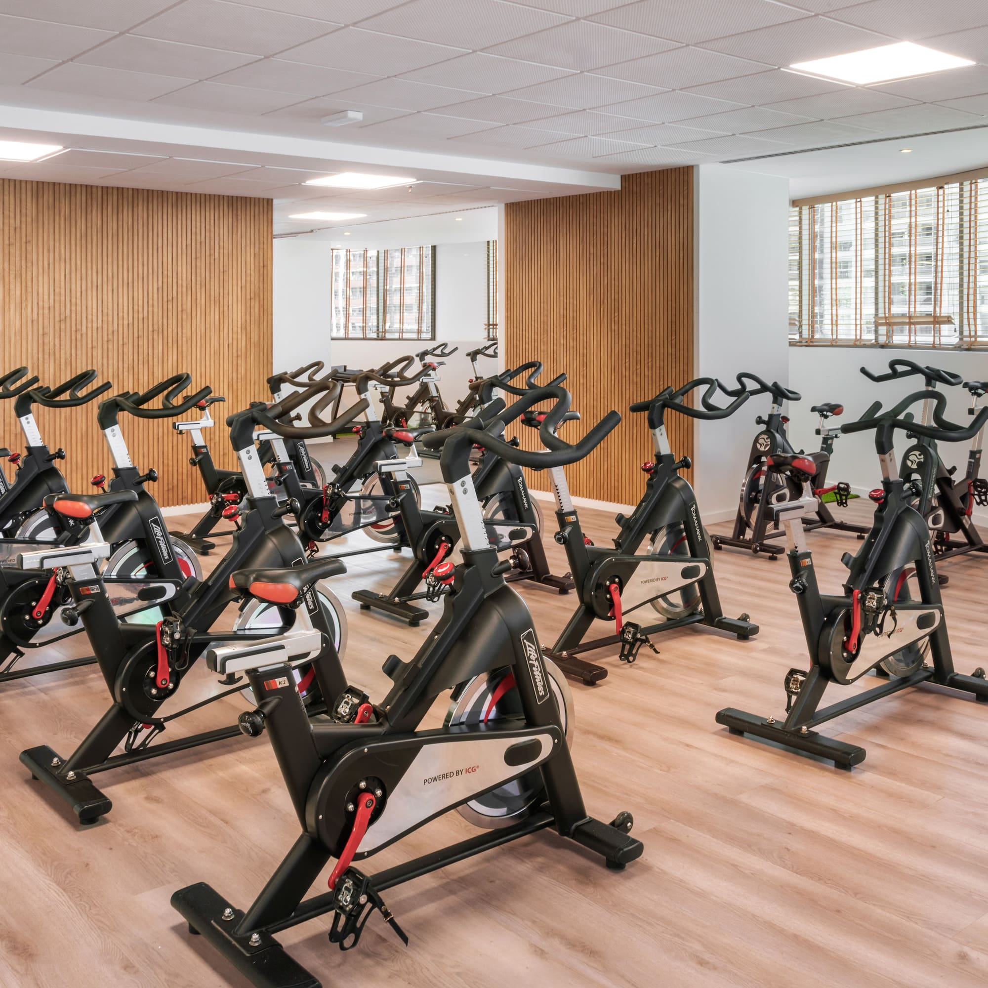 a room with exercise bikes