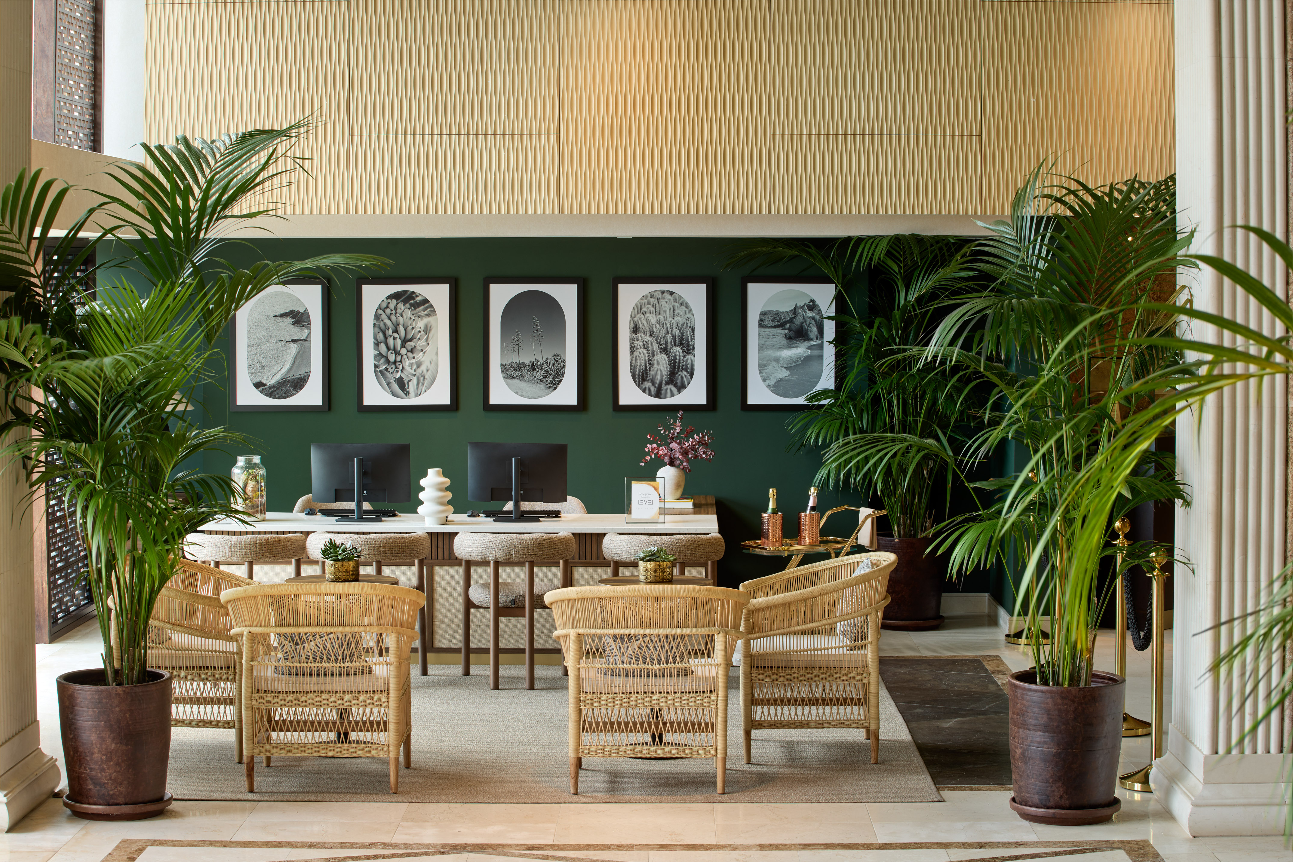 Modern hotel reception, dark green wall, palm plants, and rattan chairs.