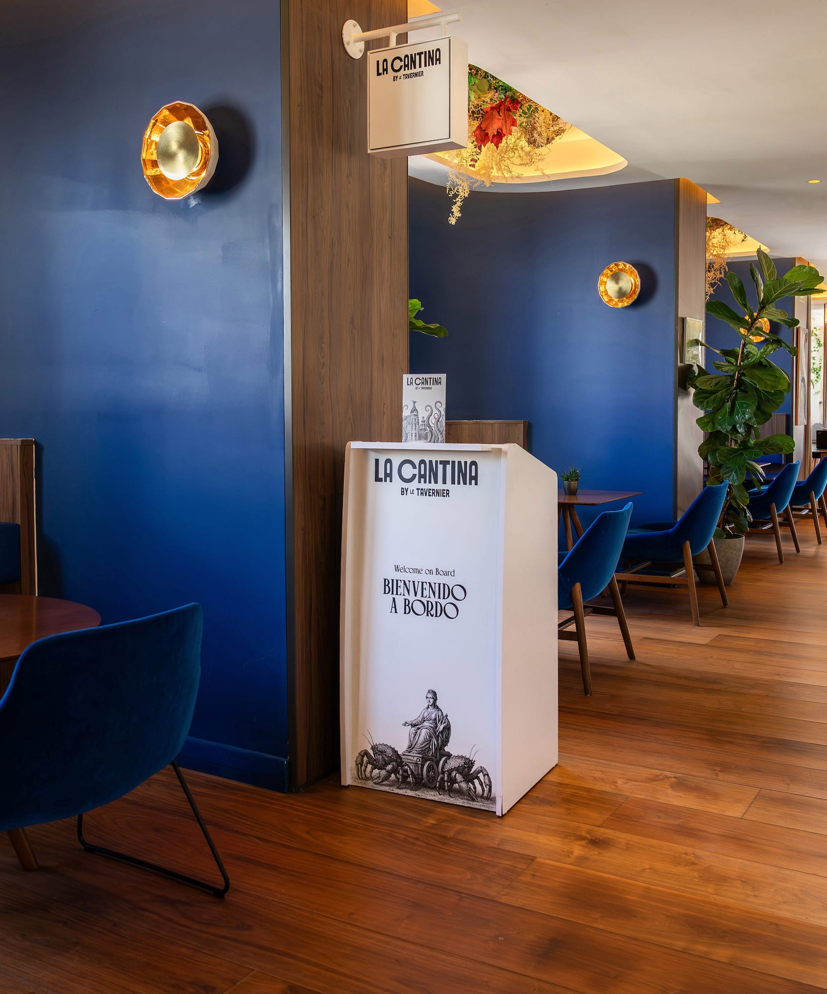 a room with blue walls and a wood floor