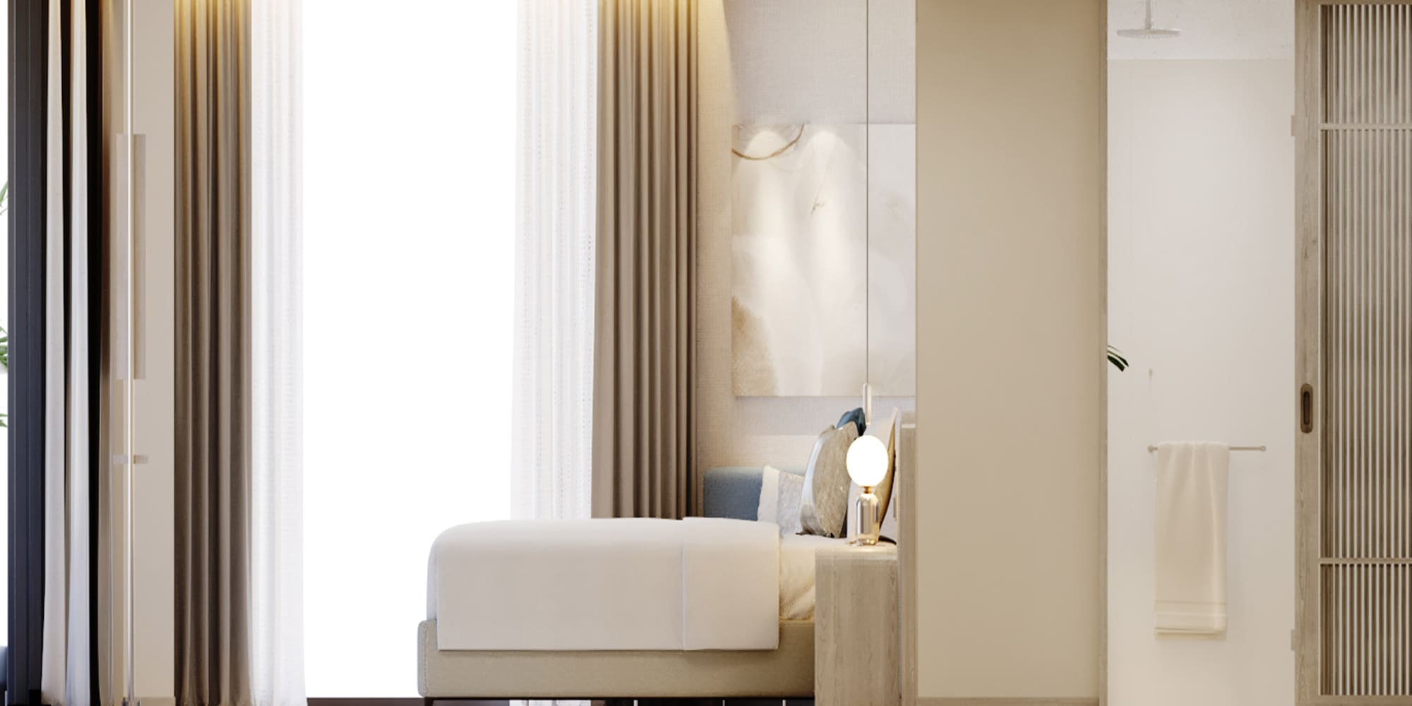 a bed with a lamp next to a window