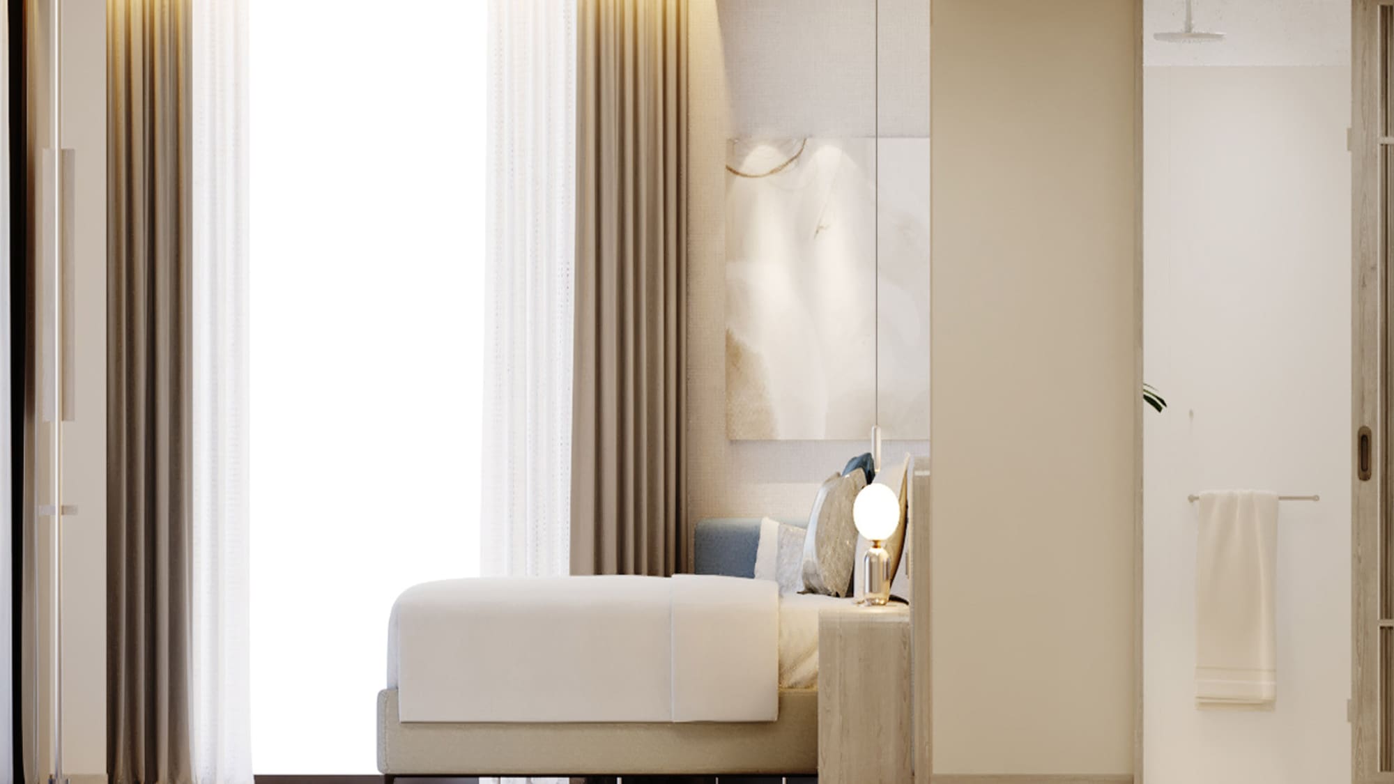 a bed with a lamp next to a window