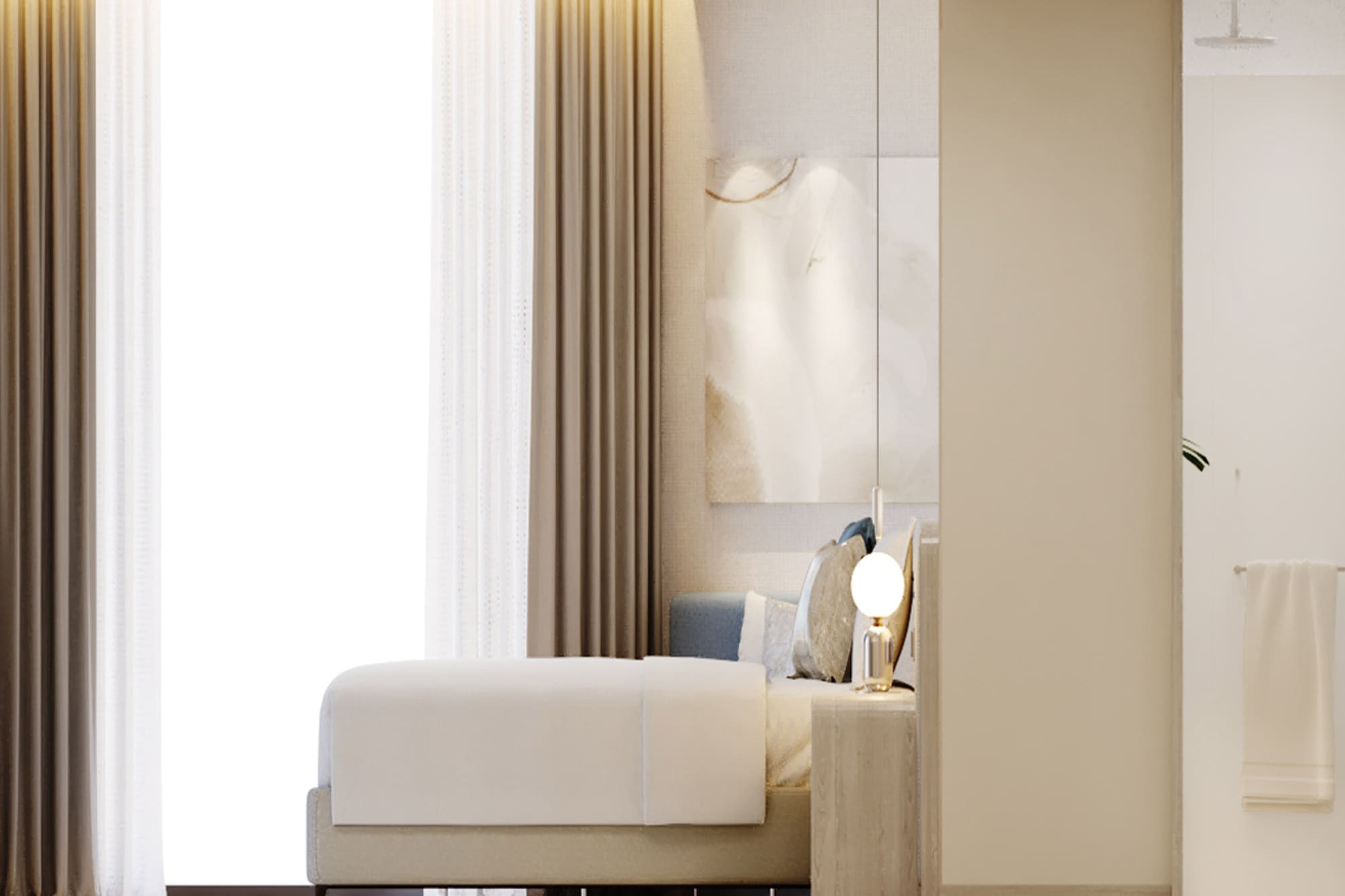 a bed with a lamp next to a window