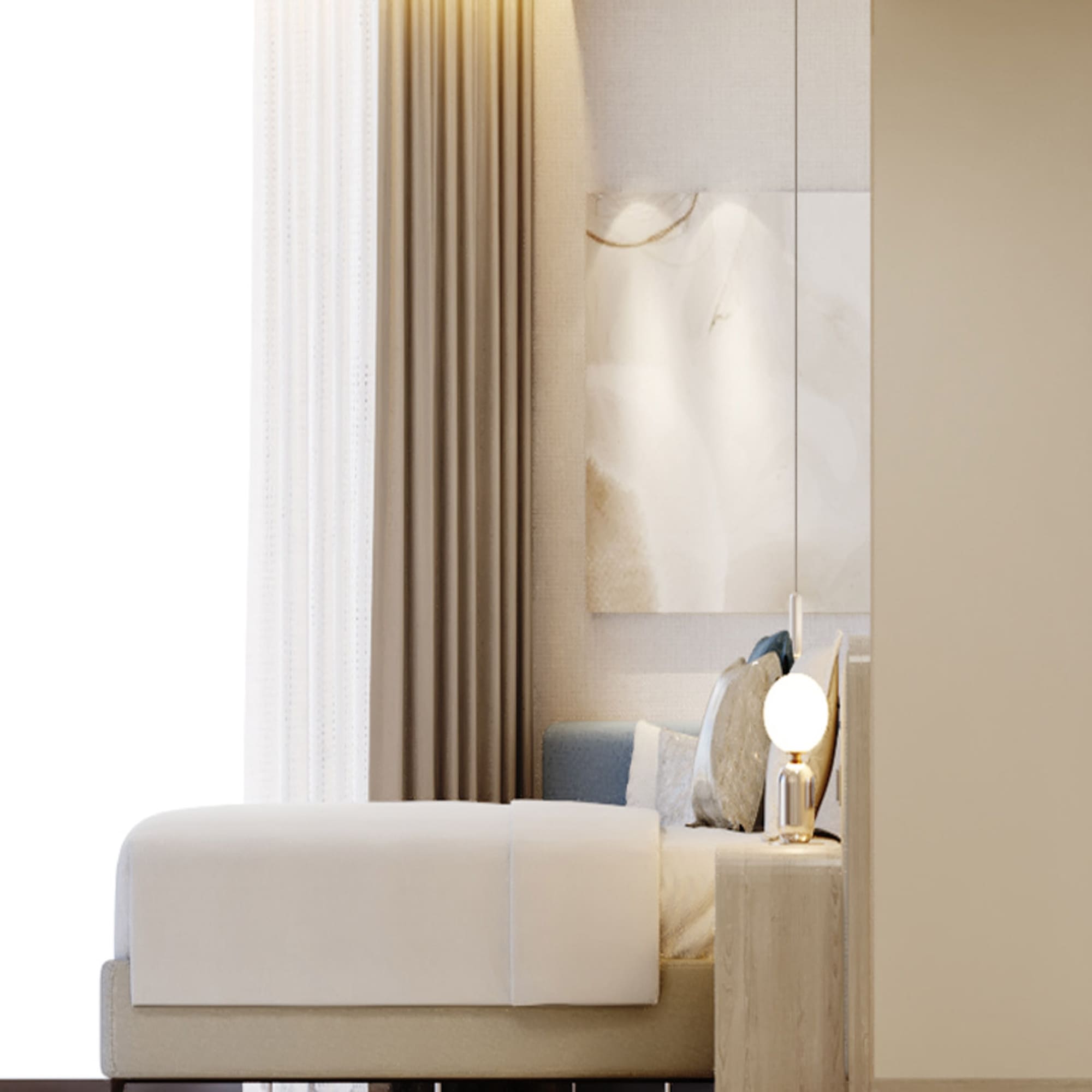 a bed with a lamp next to a window