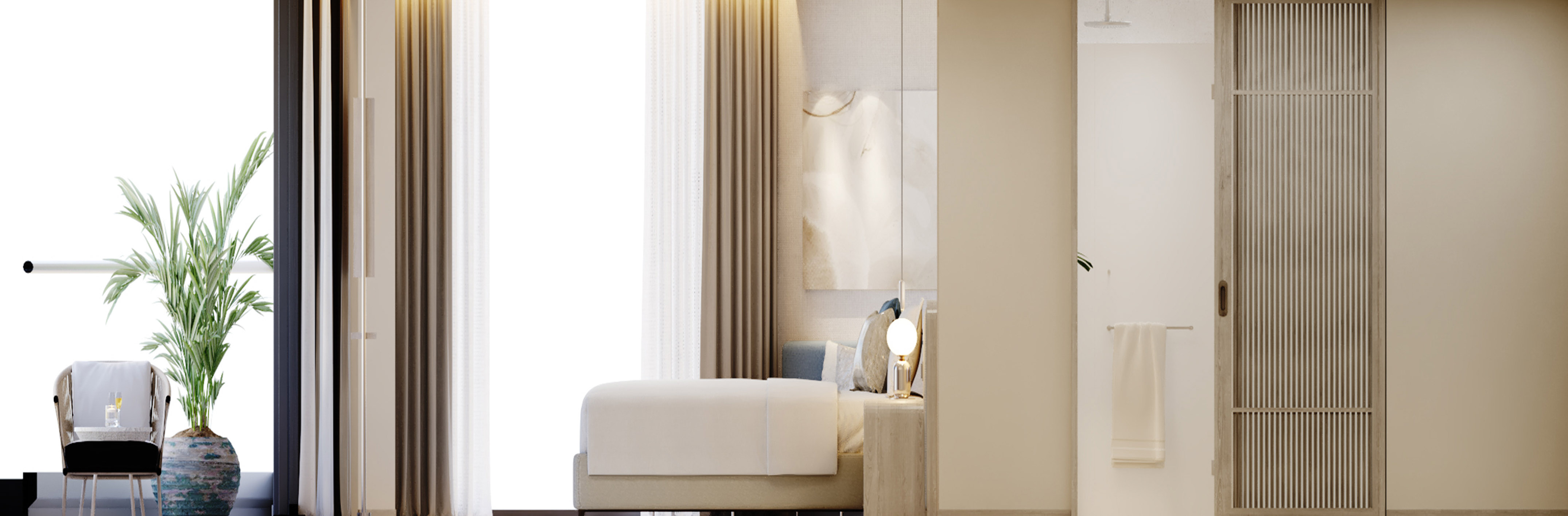 a bed with a lamp next to a window