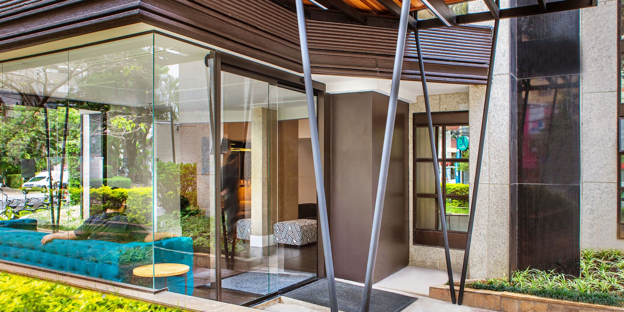 a glass entrance to a building