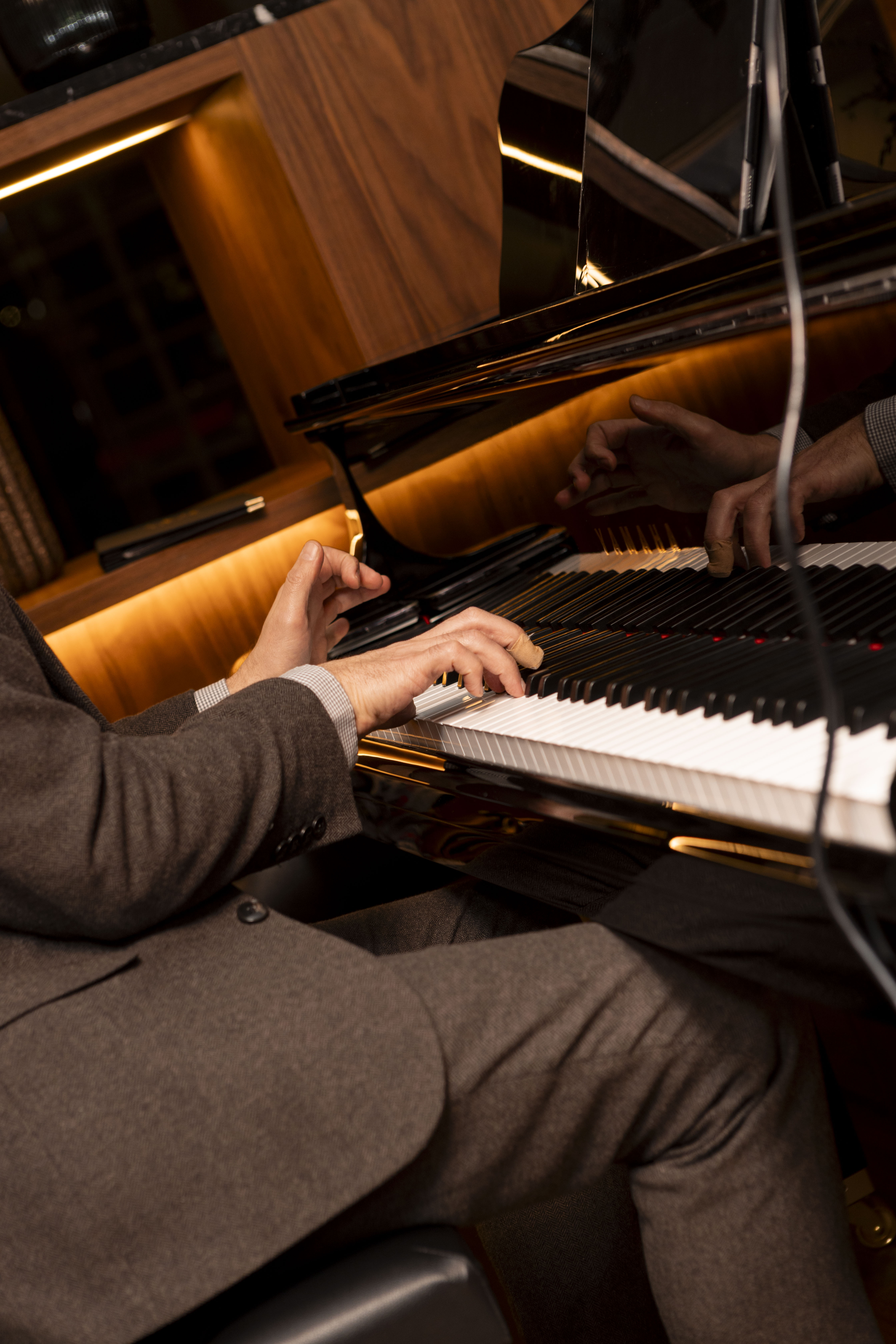 Musician's hands playing black grand piano keys, warm ambiance.