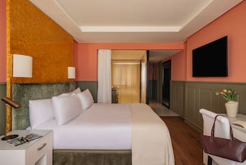a room with a bed and a television