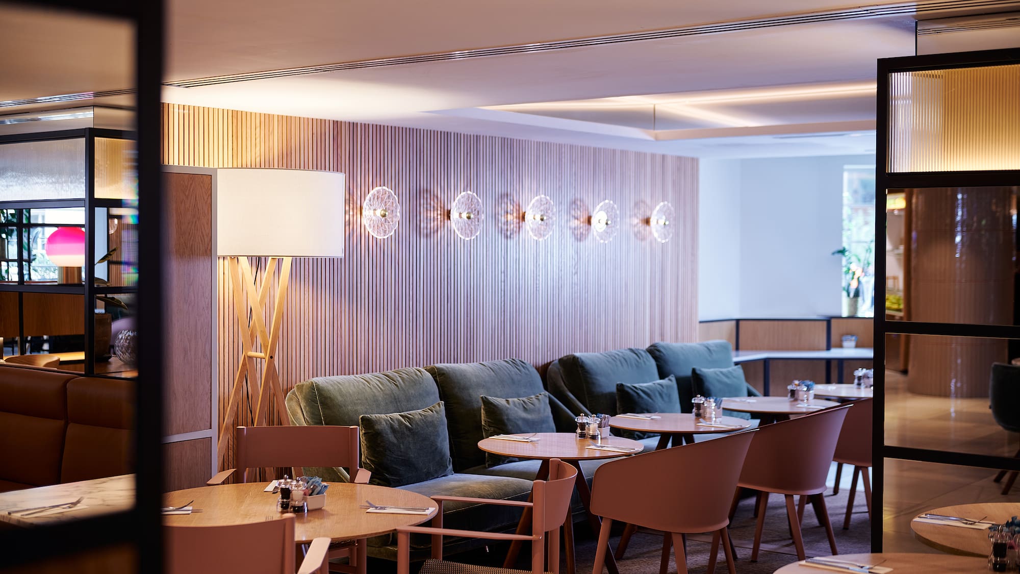 a room with tables and chairs