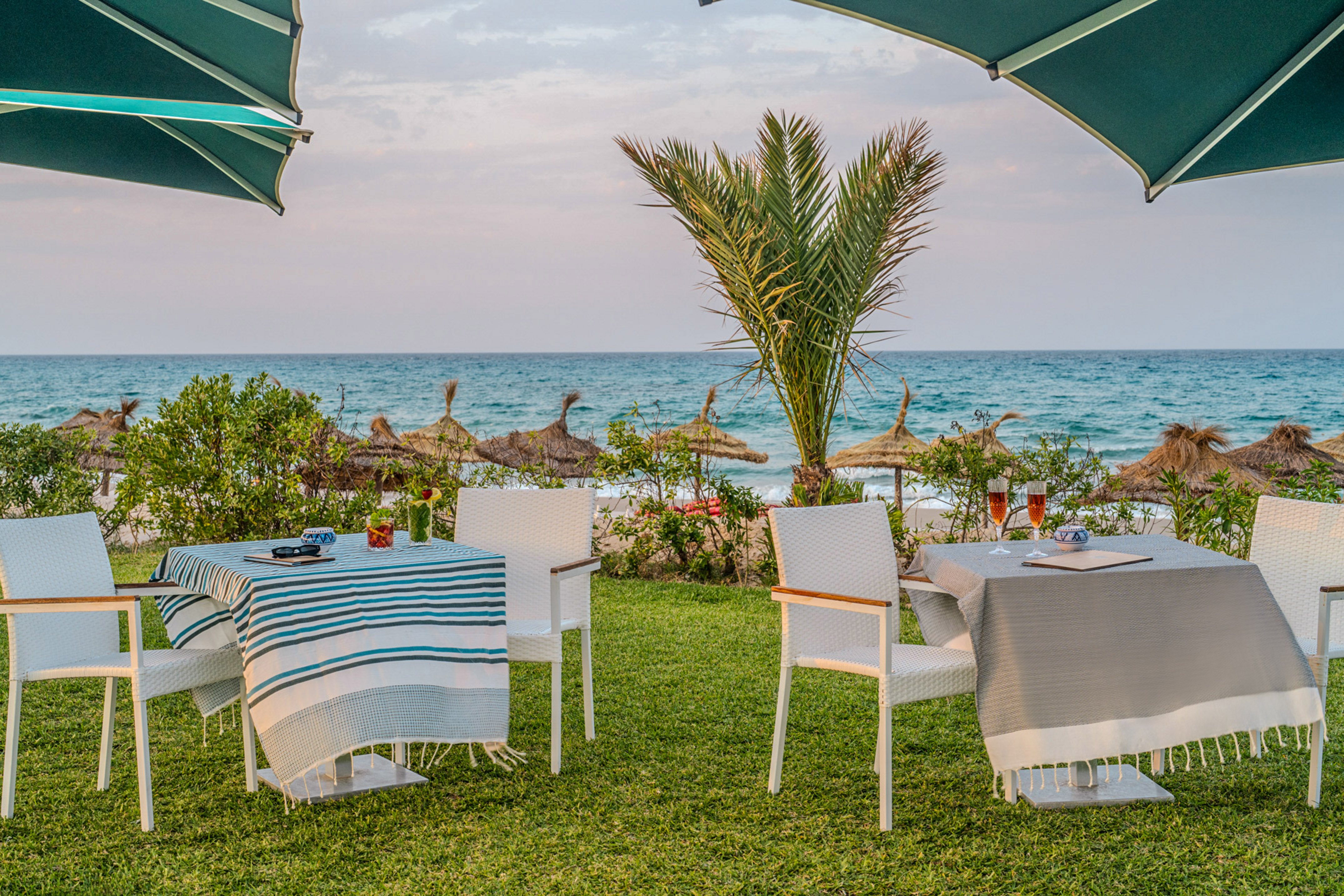 Beachfront outdoor dining tables, ocean view, palm tree, resort umbrellas.