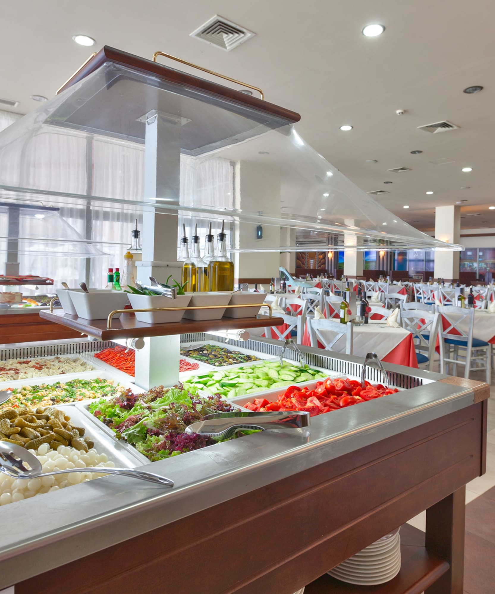 a buffet with food on it