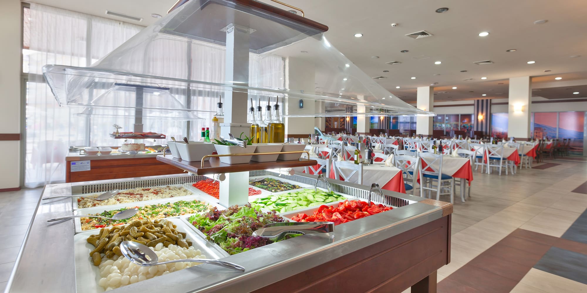 a buffet with food on it