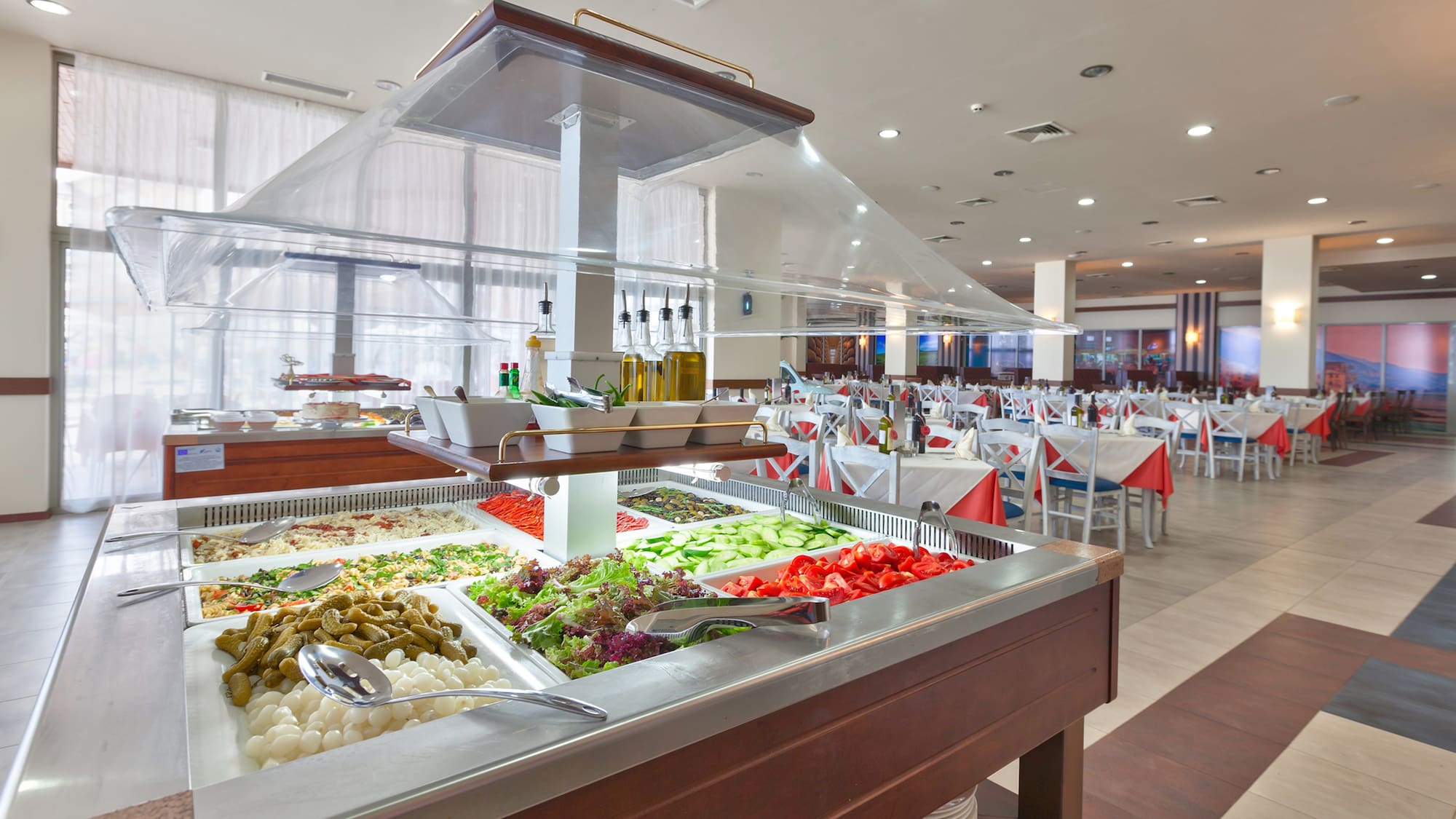 a buffet with food on it