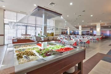 a buffet with food on it