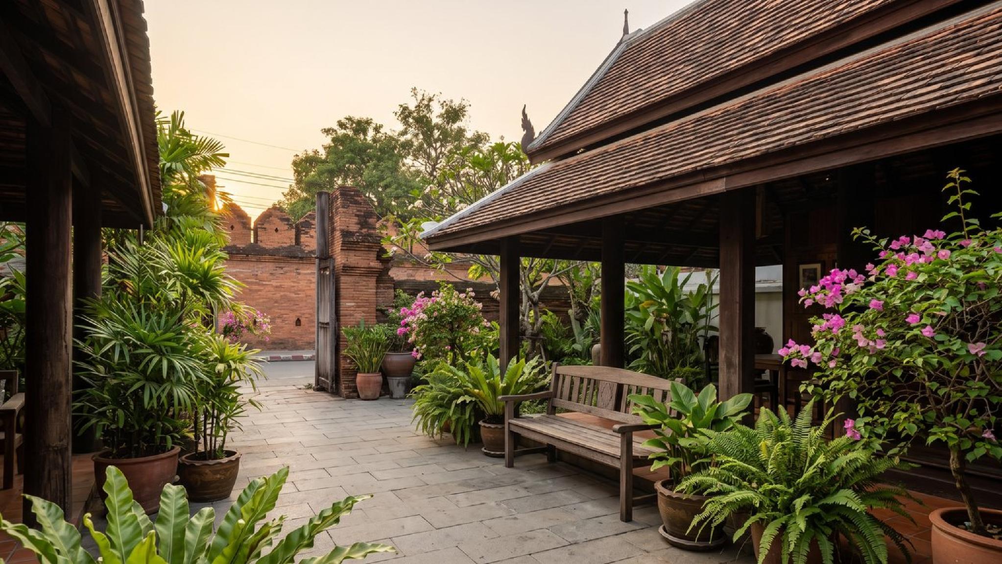 Thai house garden patio, wooden bench, lush plants, ancient brick wall.