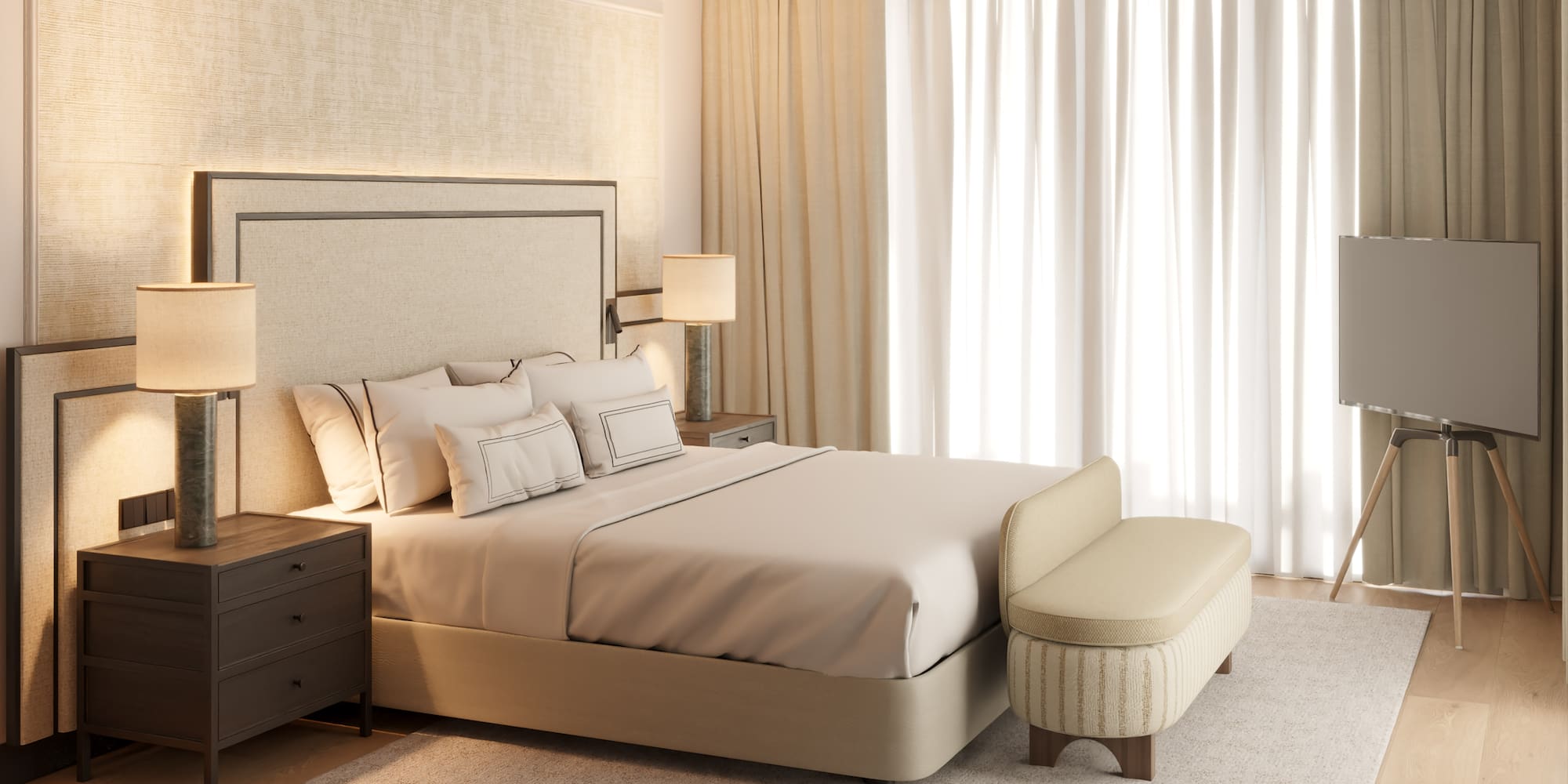 a bed with a bench in a room