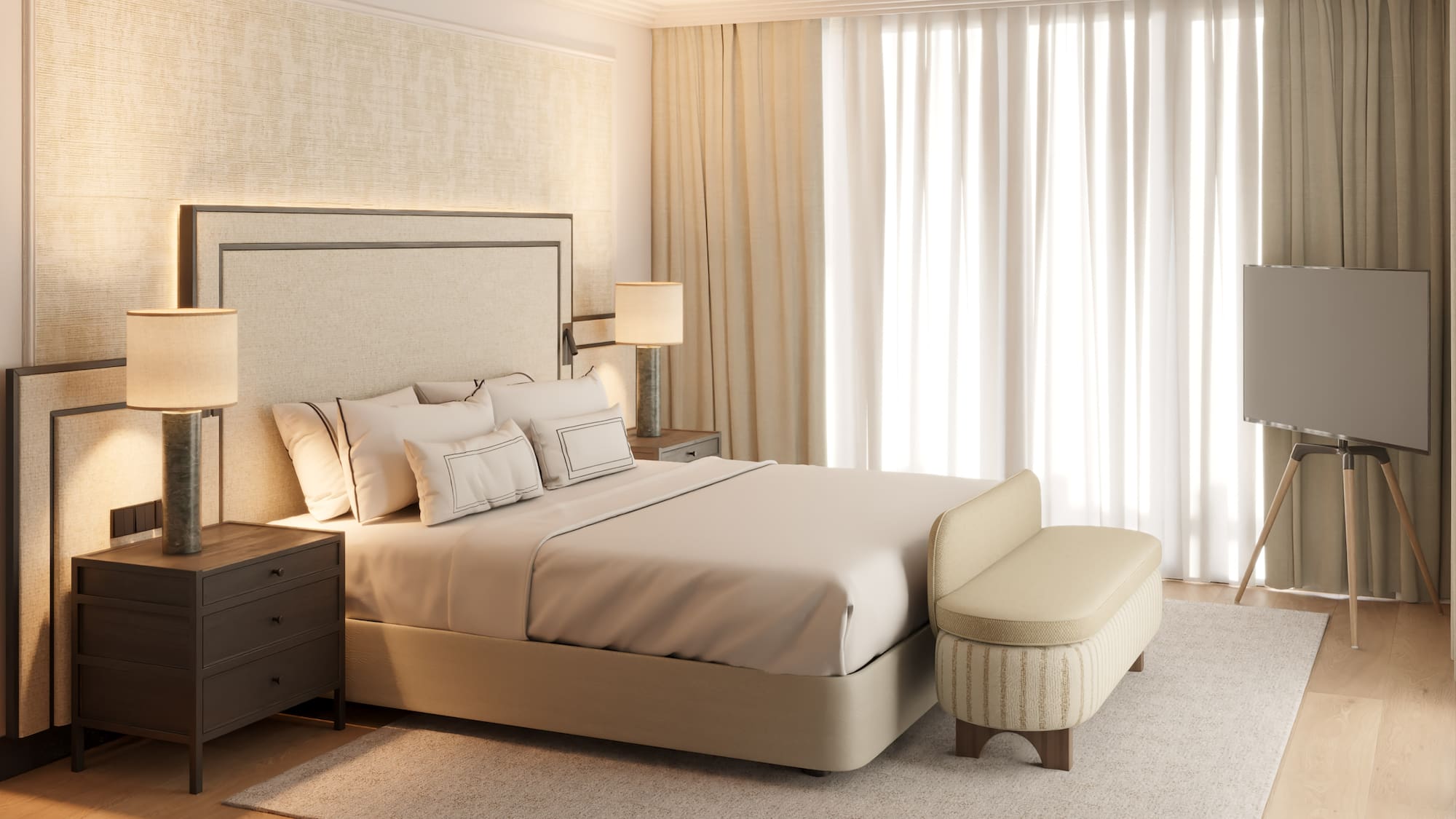 a bed with a bench in a room