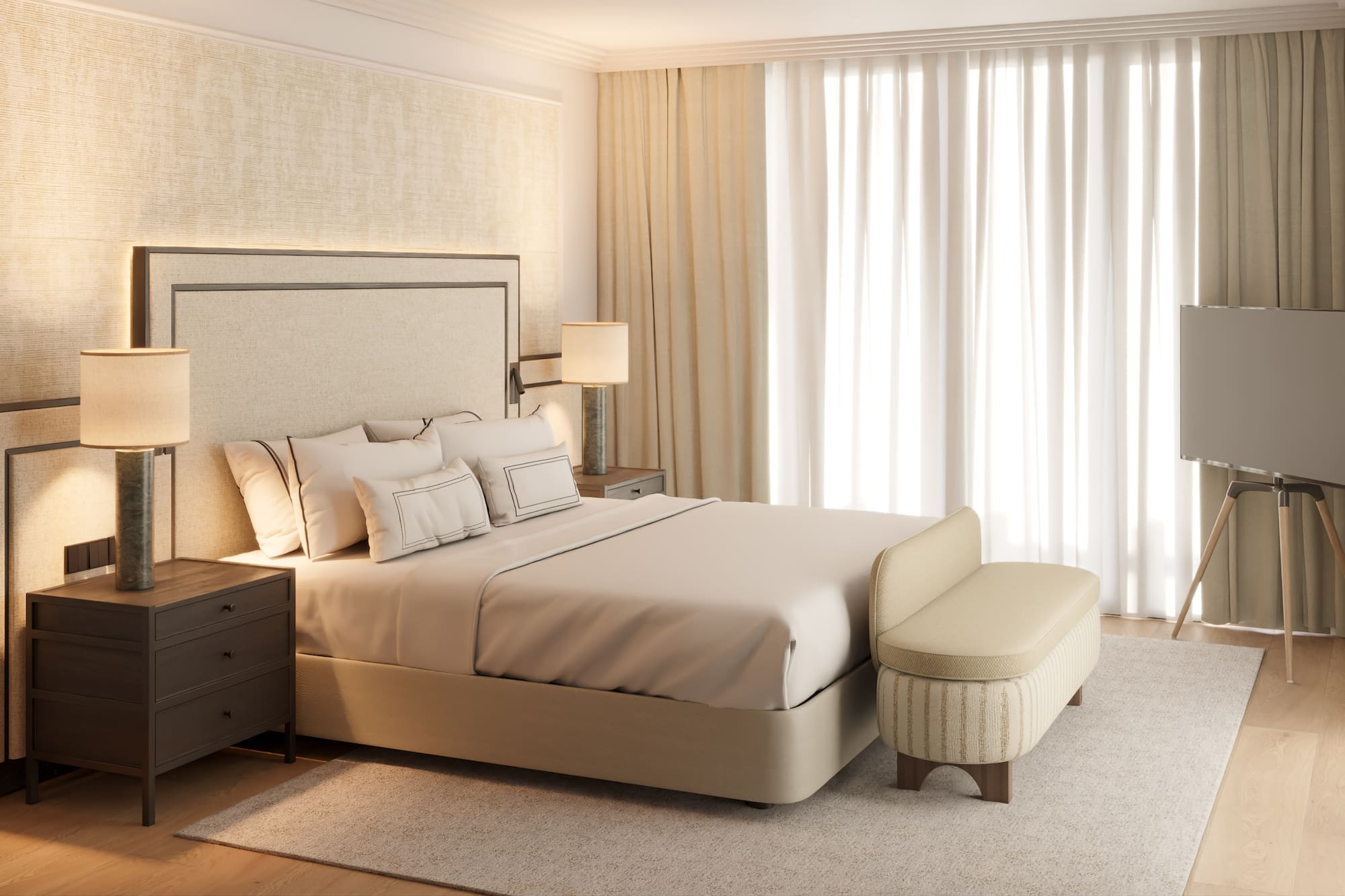 a bed with a bench in a room