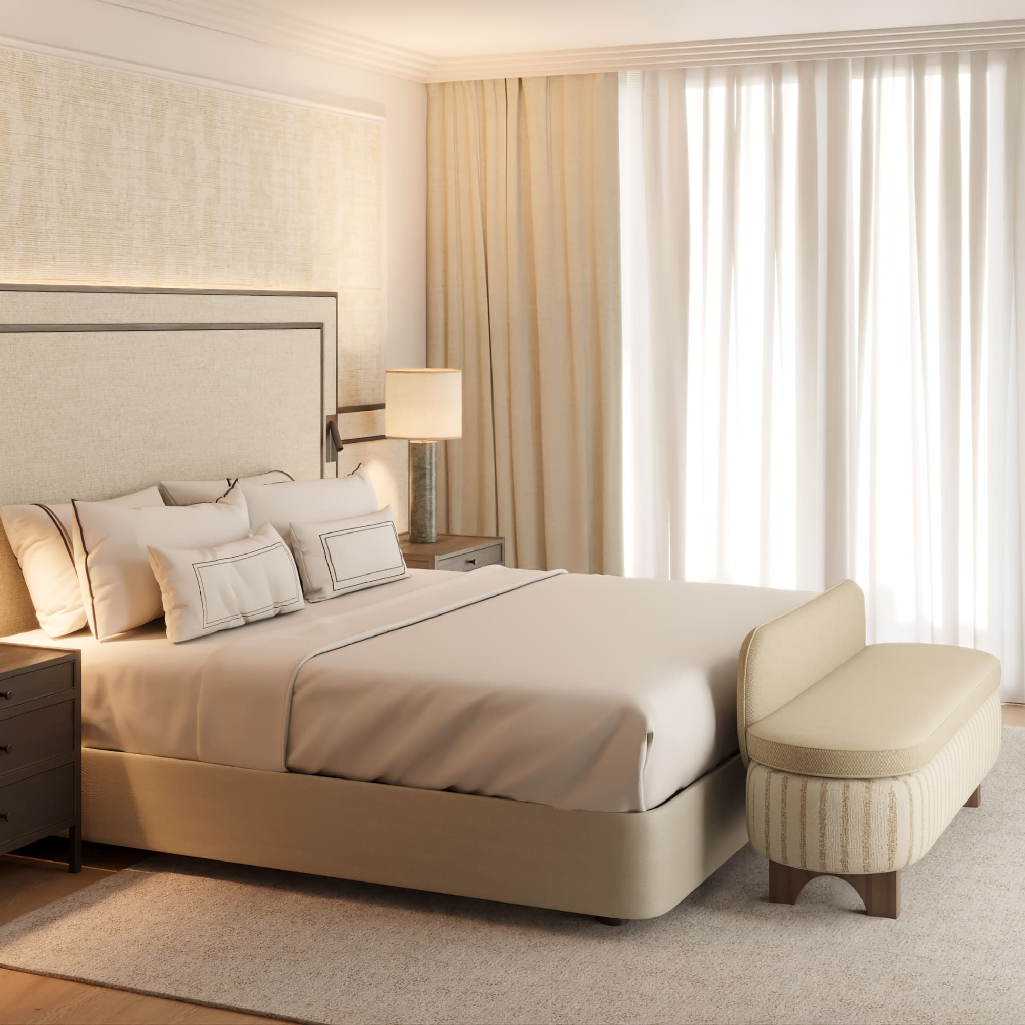 a bed with a bench in a room