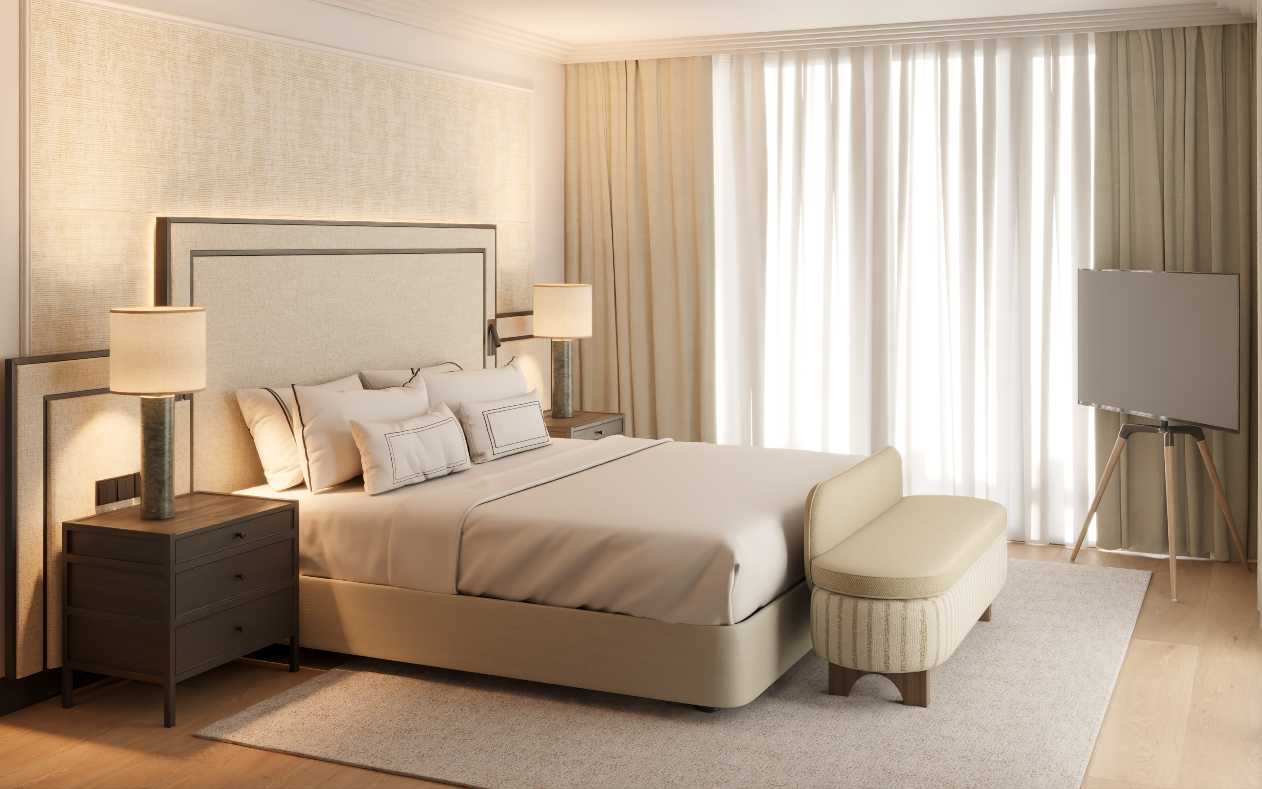 a bed with a bench in a room