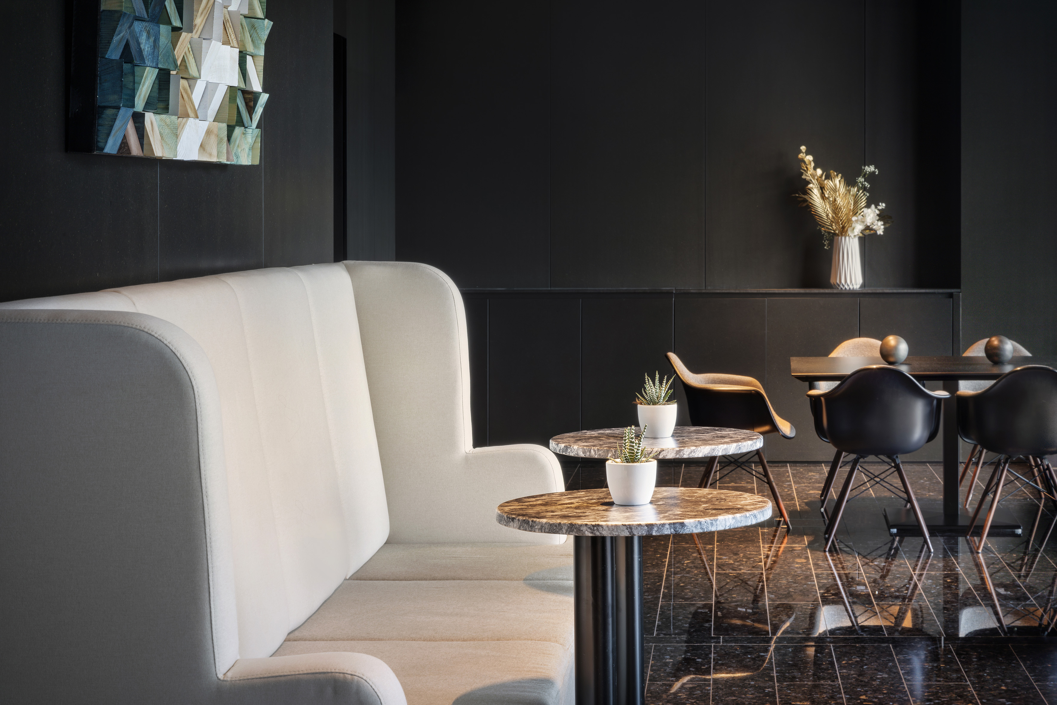 a white couch and a table in a room