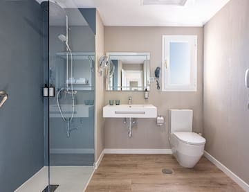 a bathroom with a shower and toilet