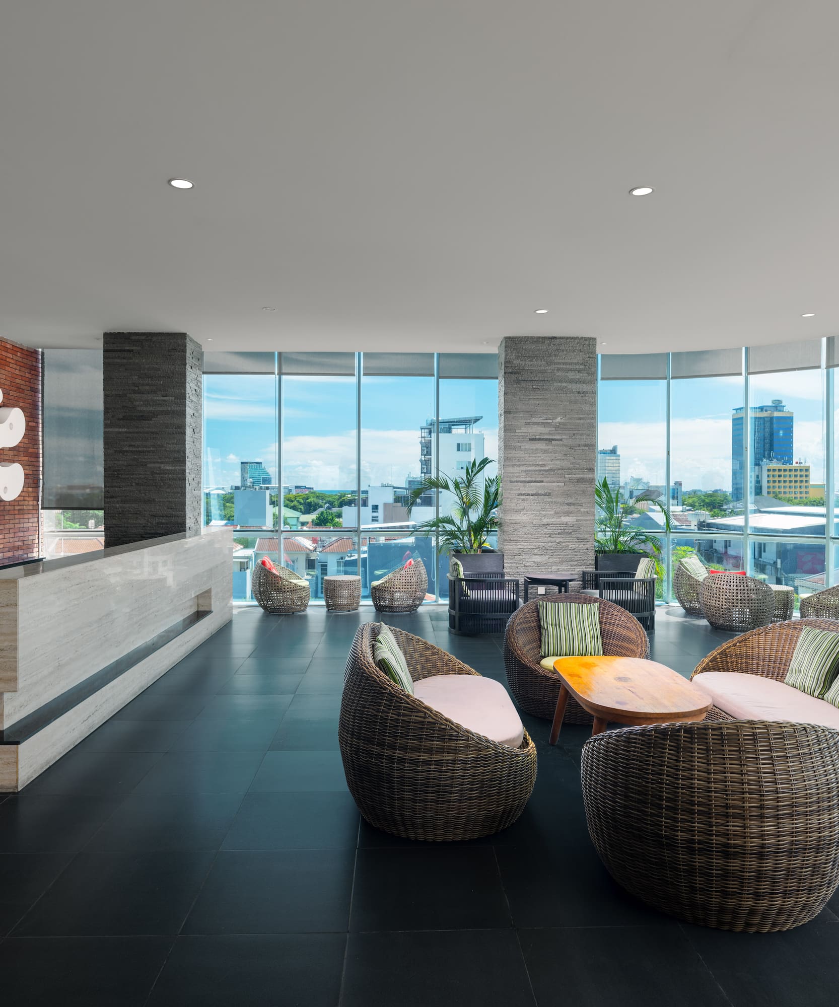 a lobby with a large window