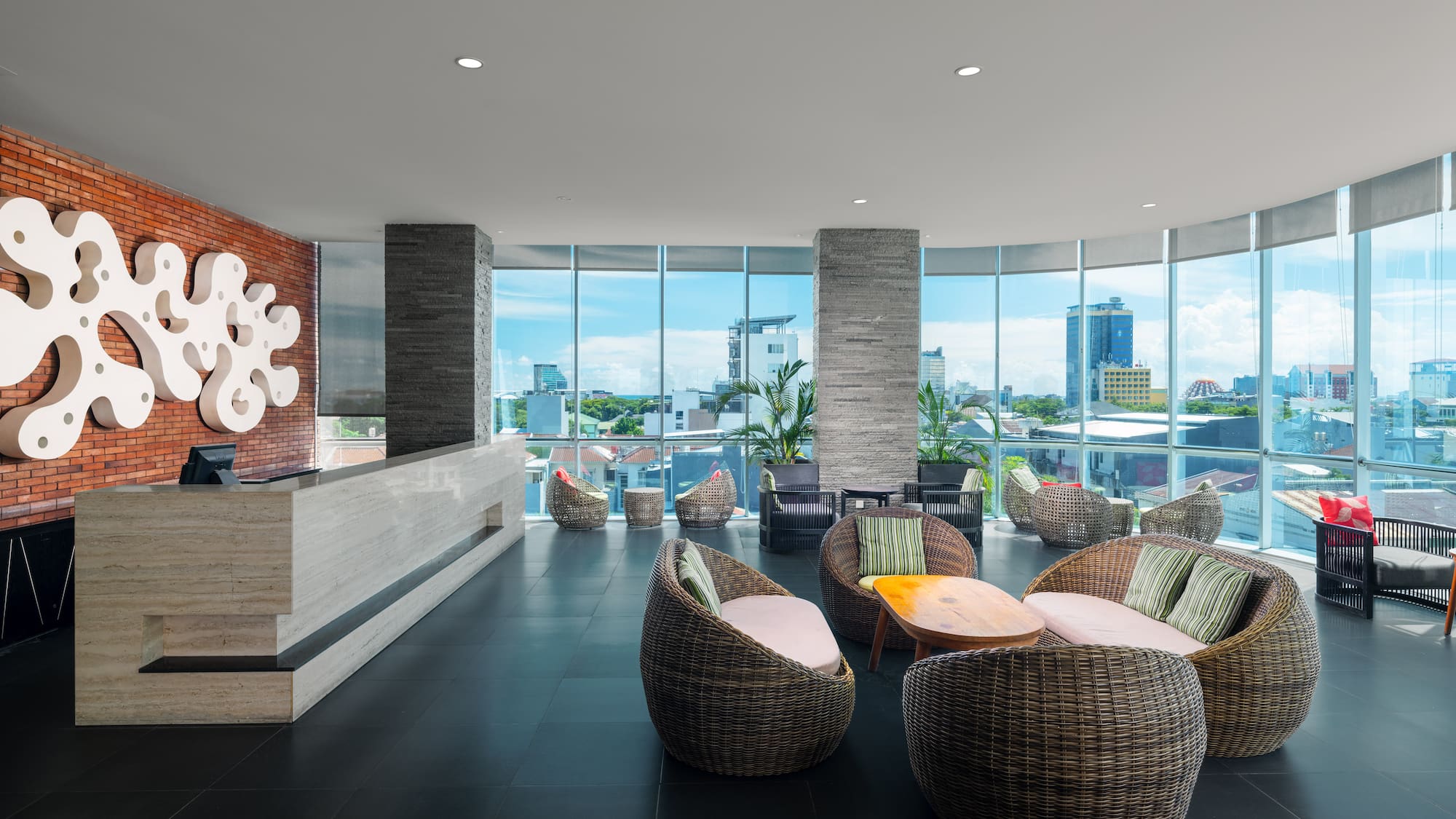 a lobby with a large window