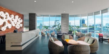 a lobby with a large window