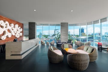 a lobby with a large window