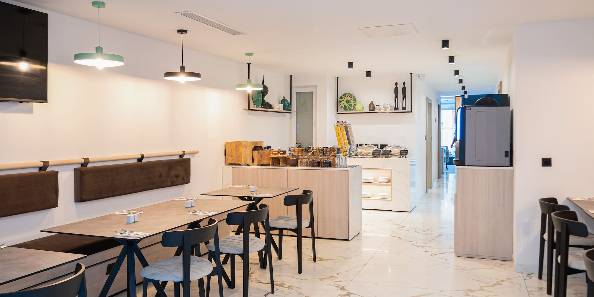 a room with a table and chairs