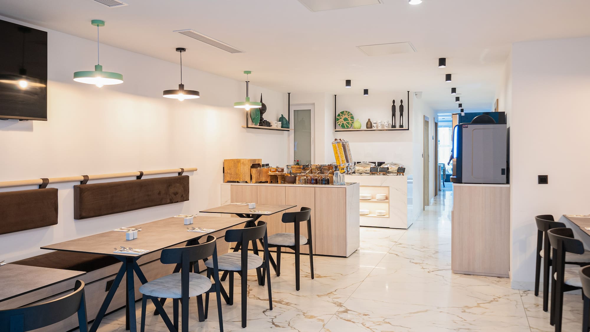 a room with a table and chairs