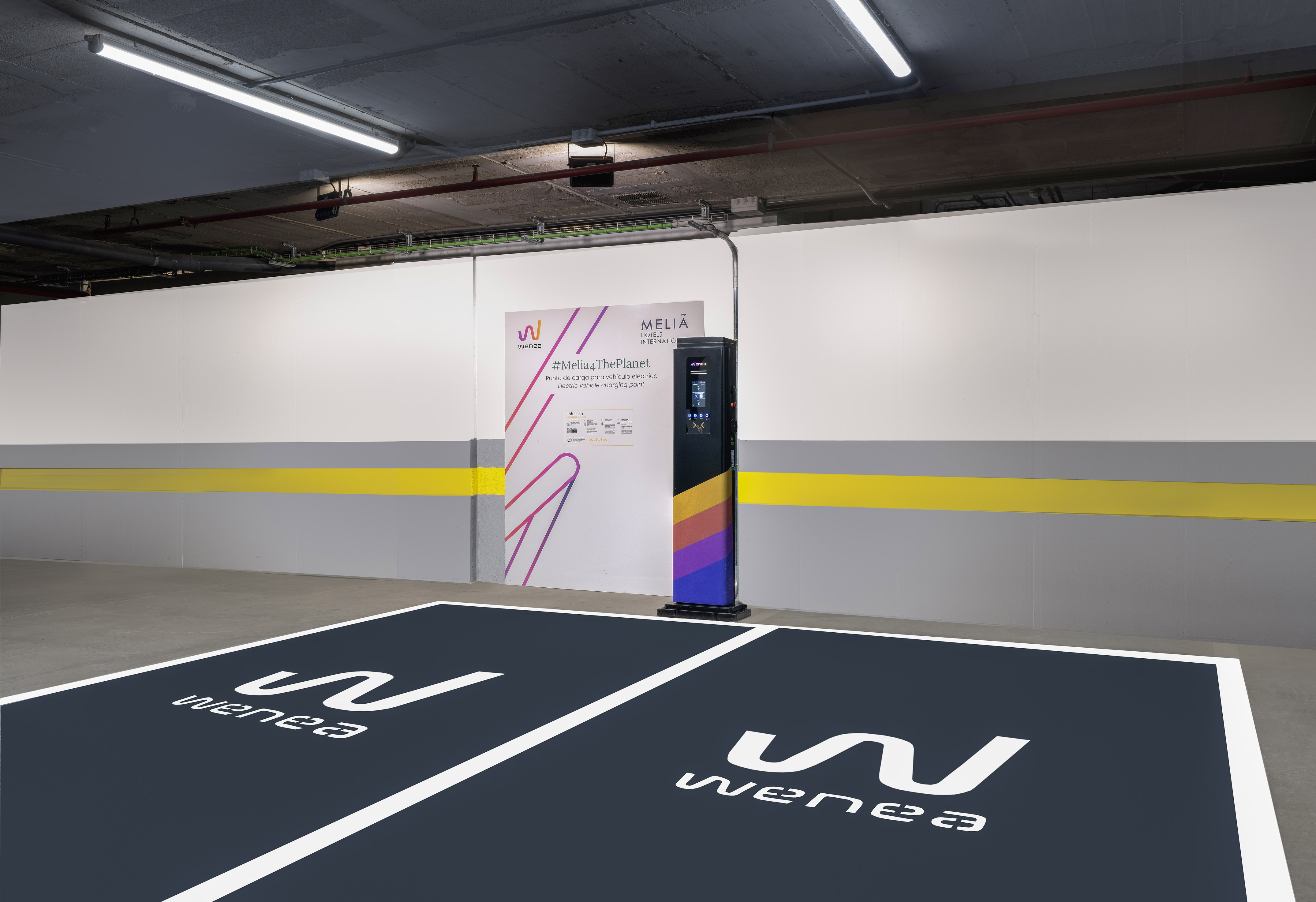 Meliá Hotels underground parking with Wenea electric vehicle charging station.