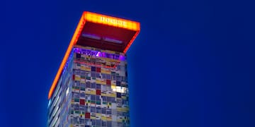 a building with a bright sign