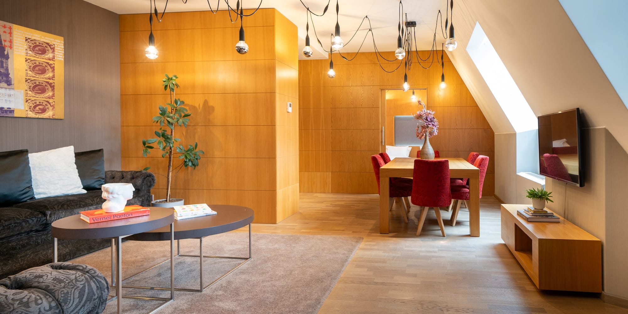 a room with a table and chairs