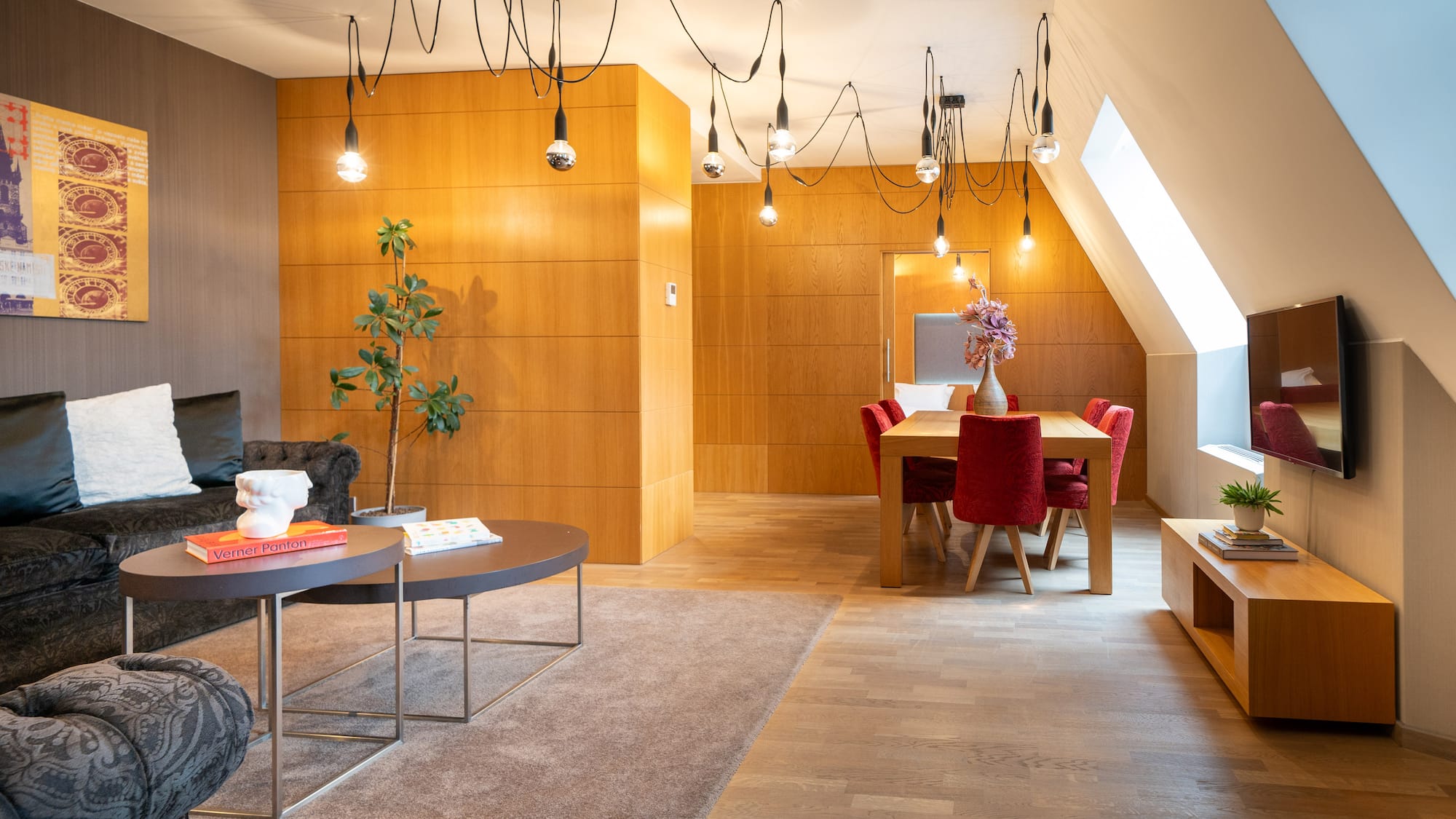 a room with a table and chairs