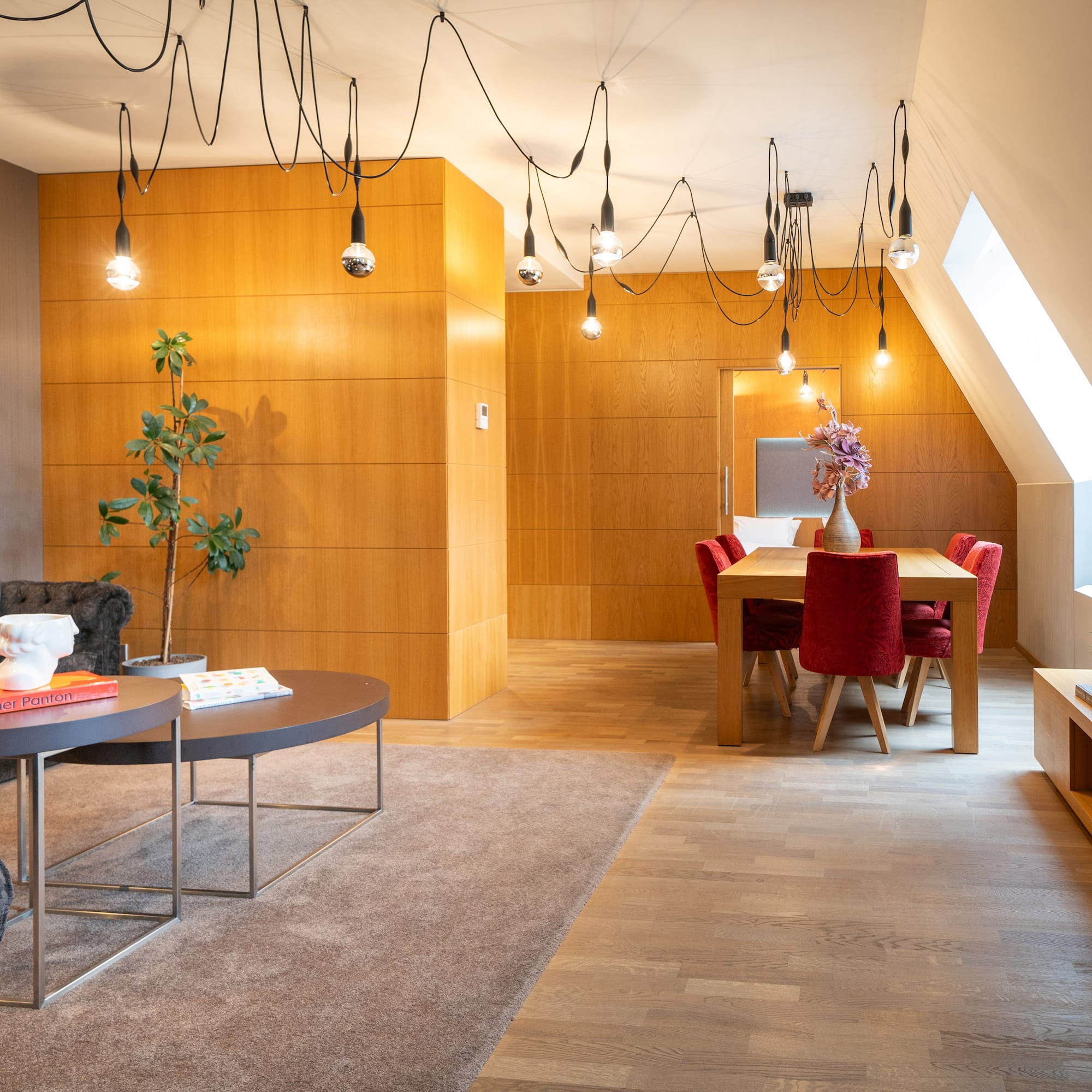 a room with a table and chairs