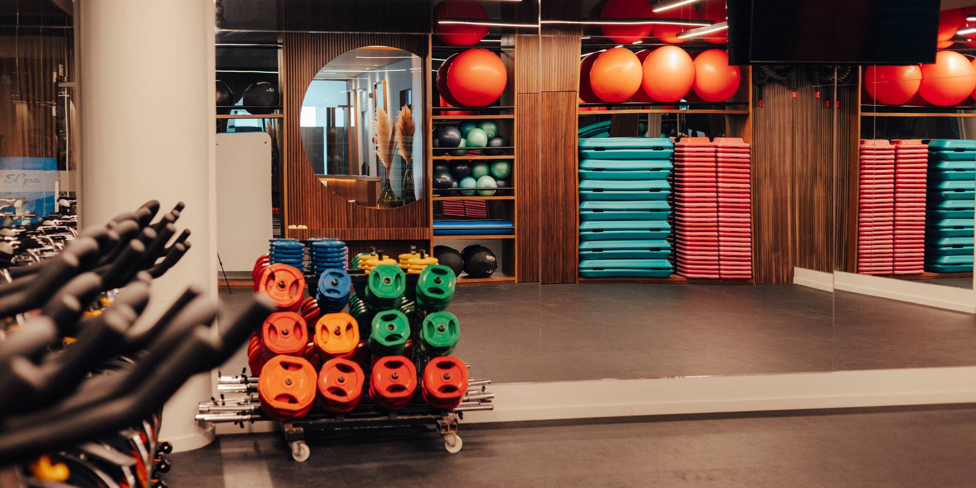 Organized gym with bright weight plates, stability balls, and aerobic steps.