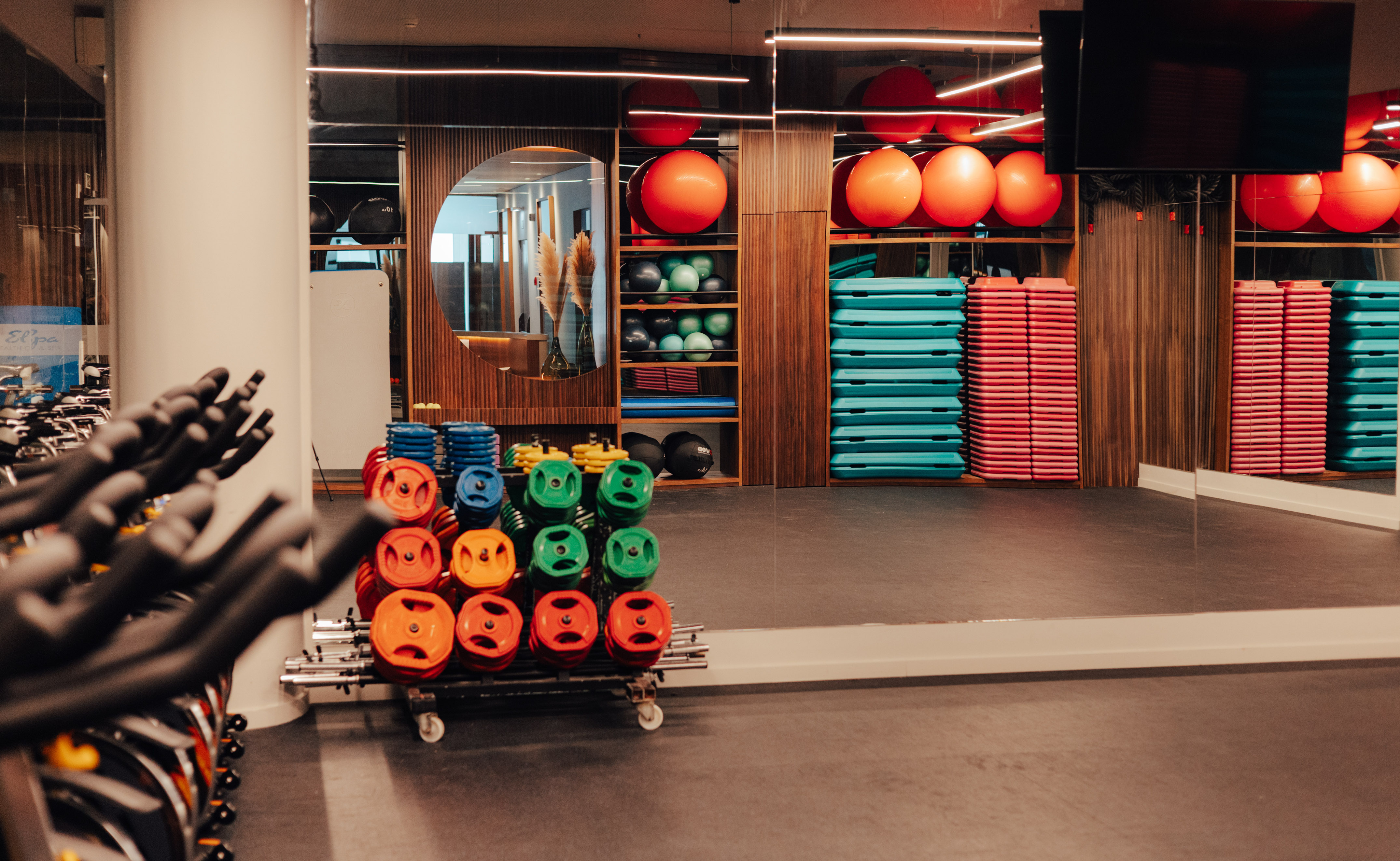 Organized gym with bright weight plates, stability balls, and aerobic steps.