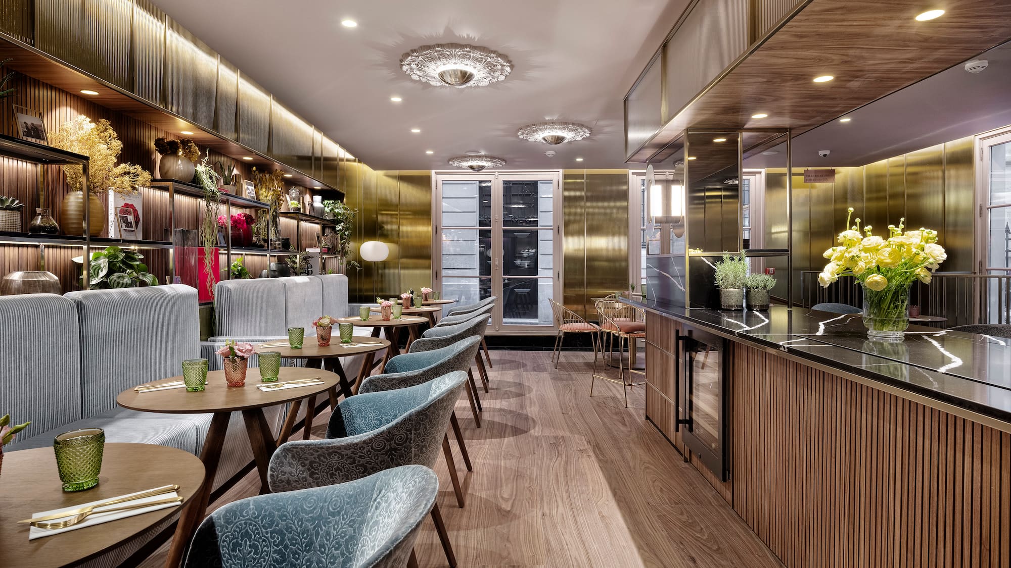 a room with tables and chairs